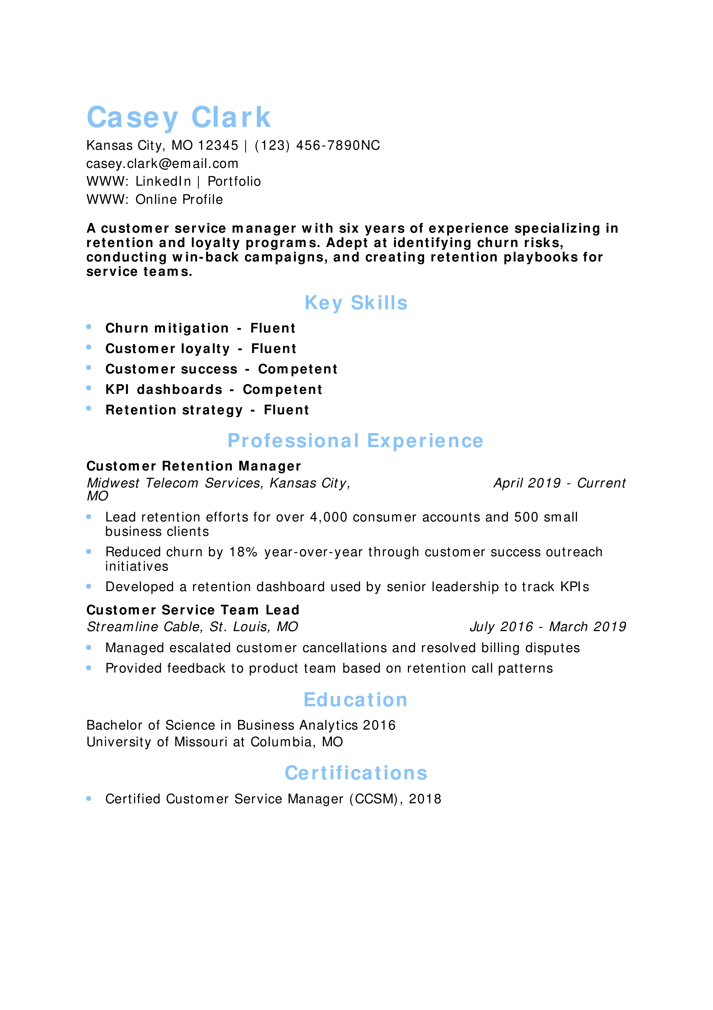 Customer Retention Manager Resume