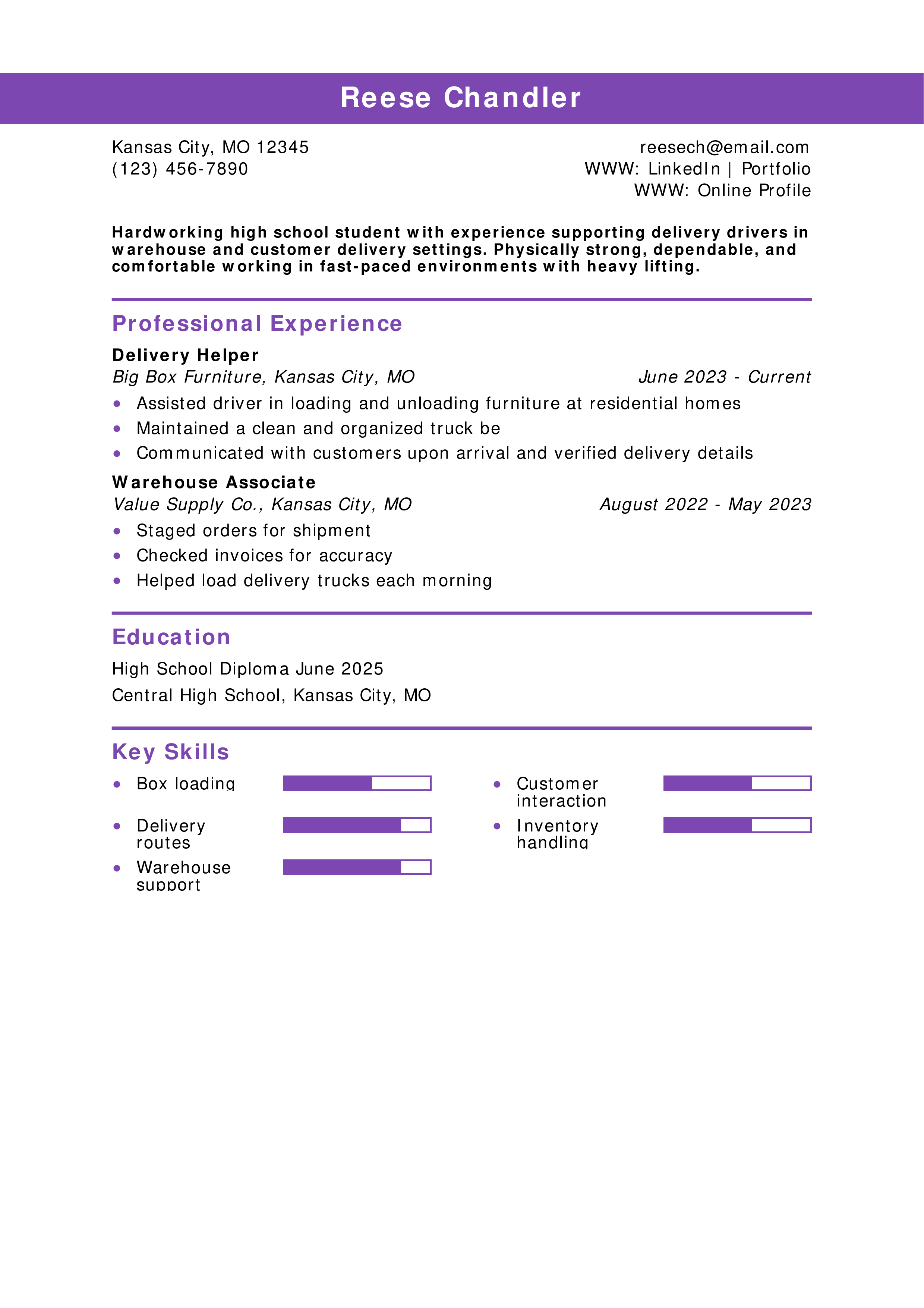 Delivery Helper Resume