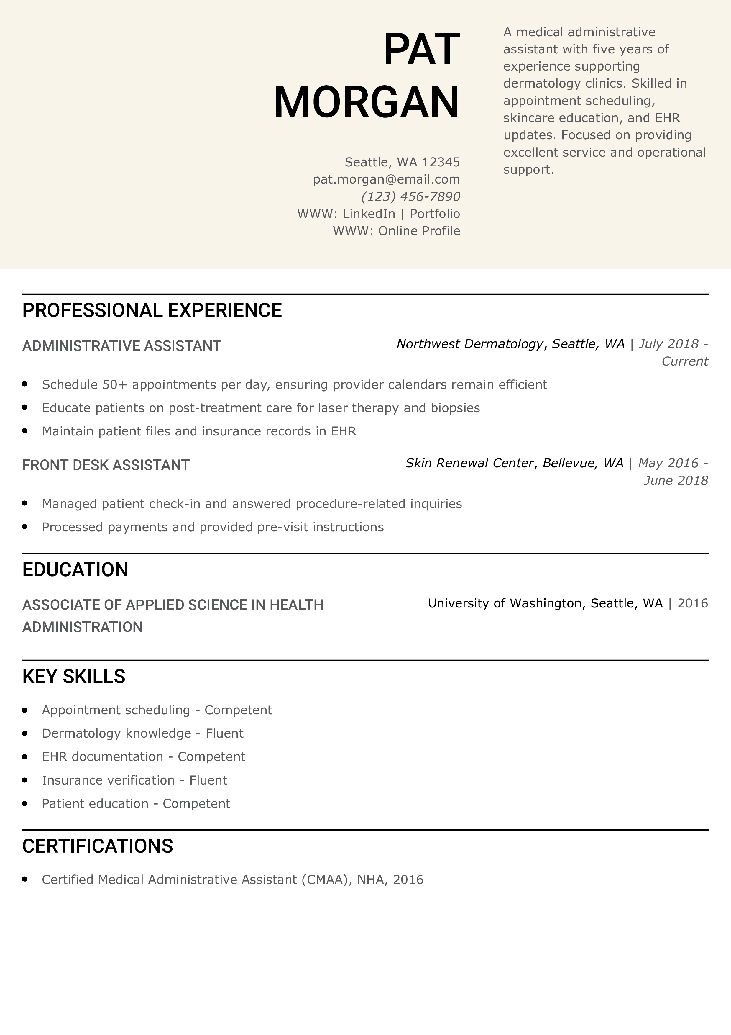 Dermatology Medical Administrative Assistant Resume