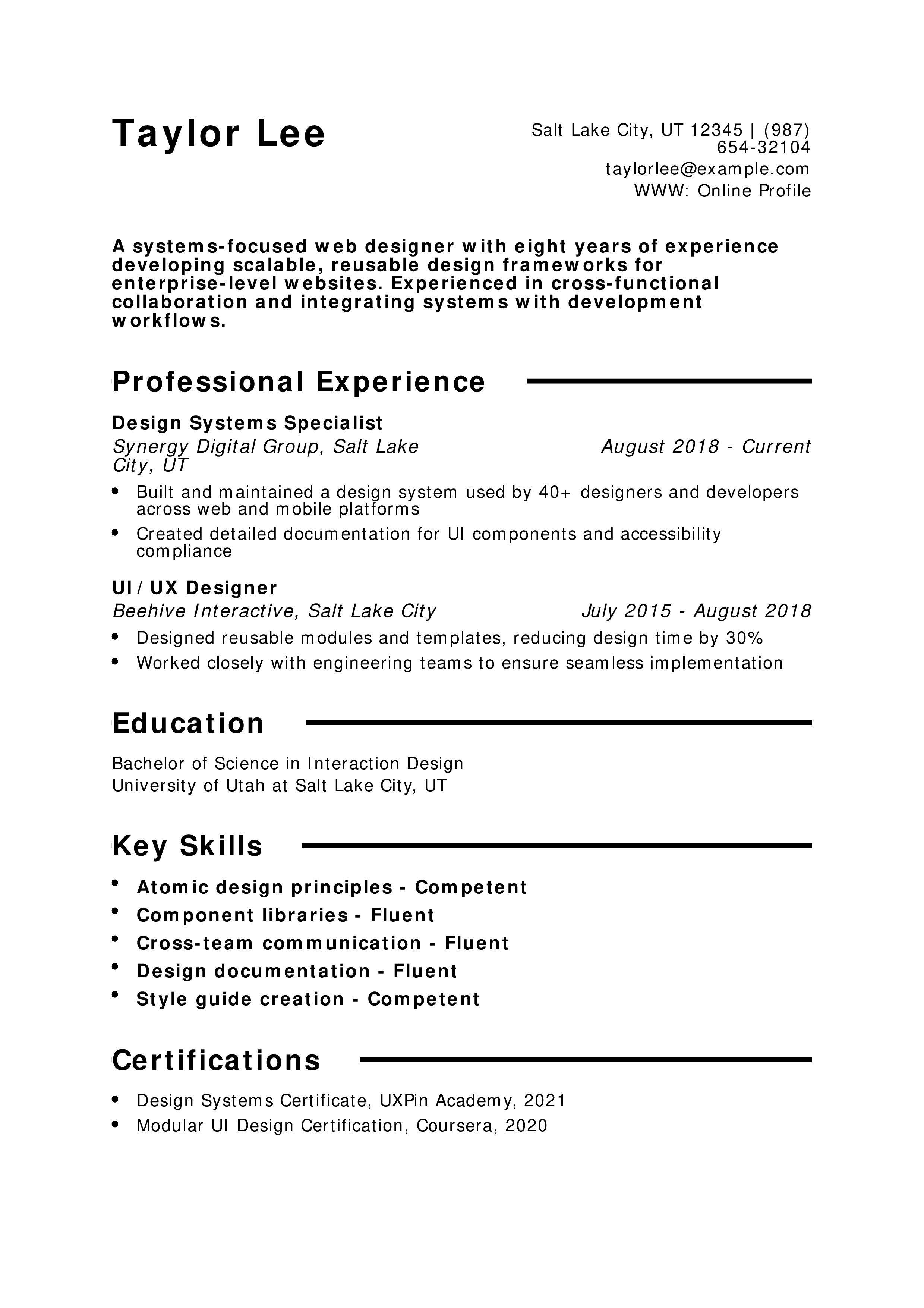 Design System Web Designer Resume