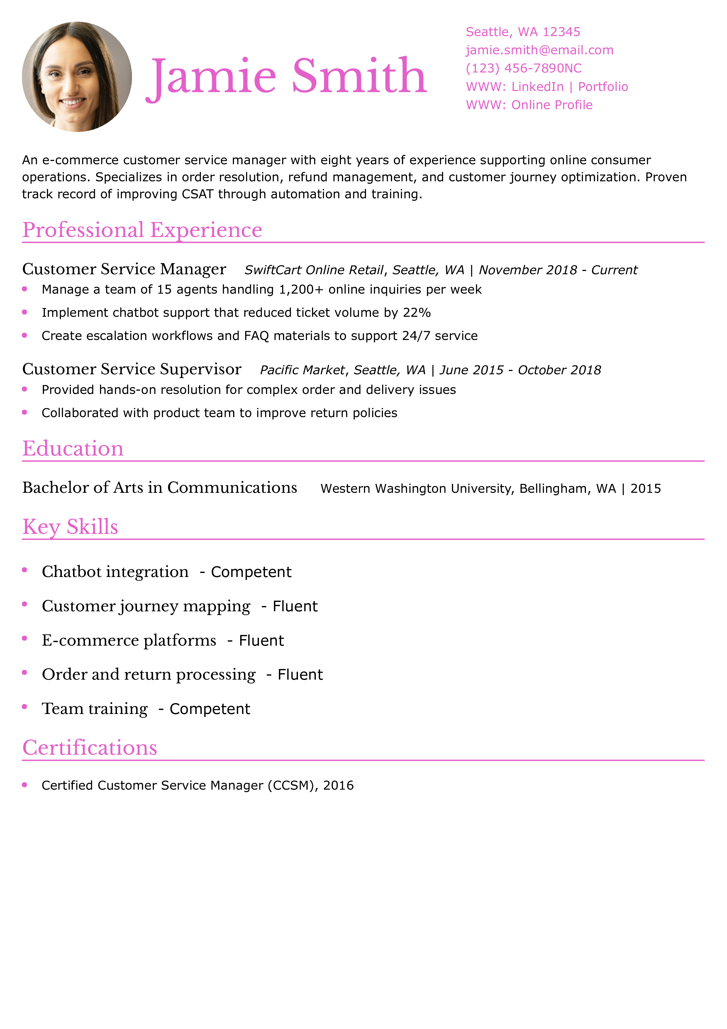 E-commerce Customer Service Manager Resume