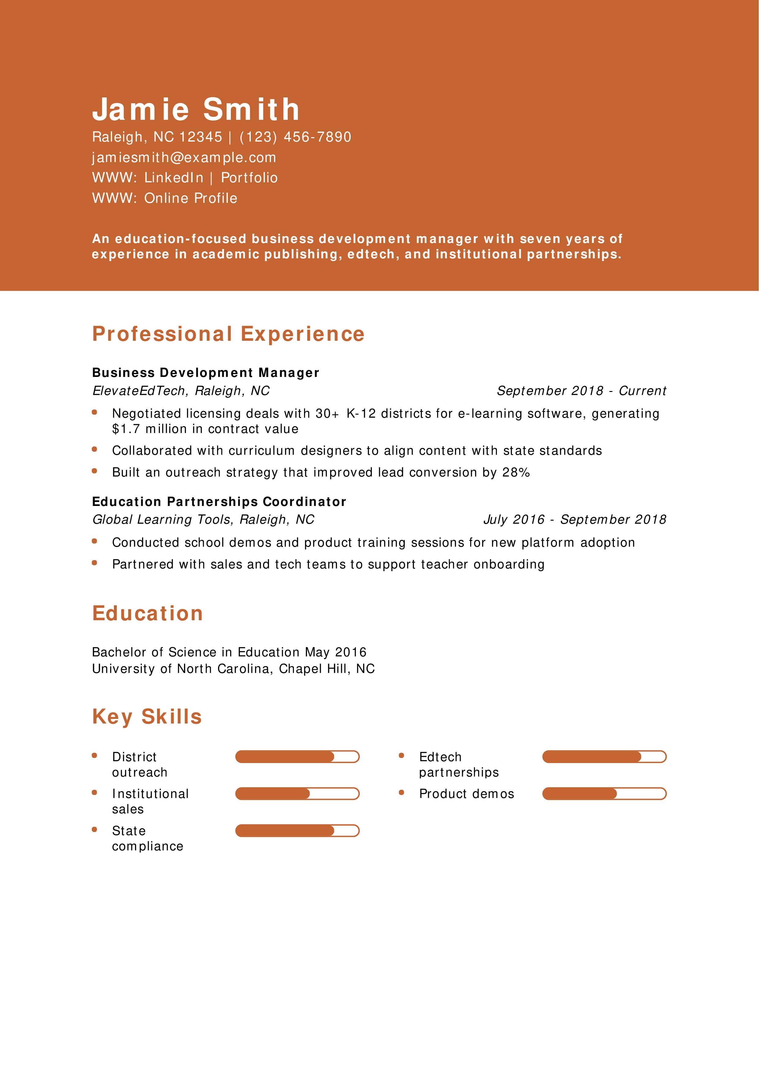 Education Business Development Manager Resume