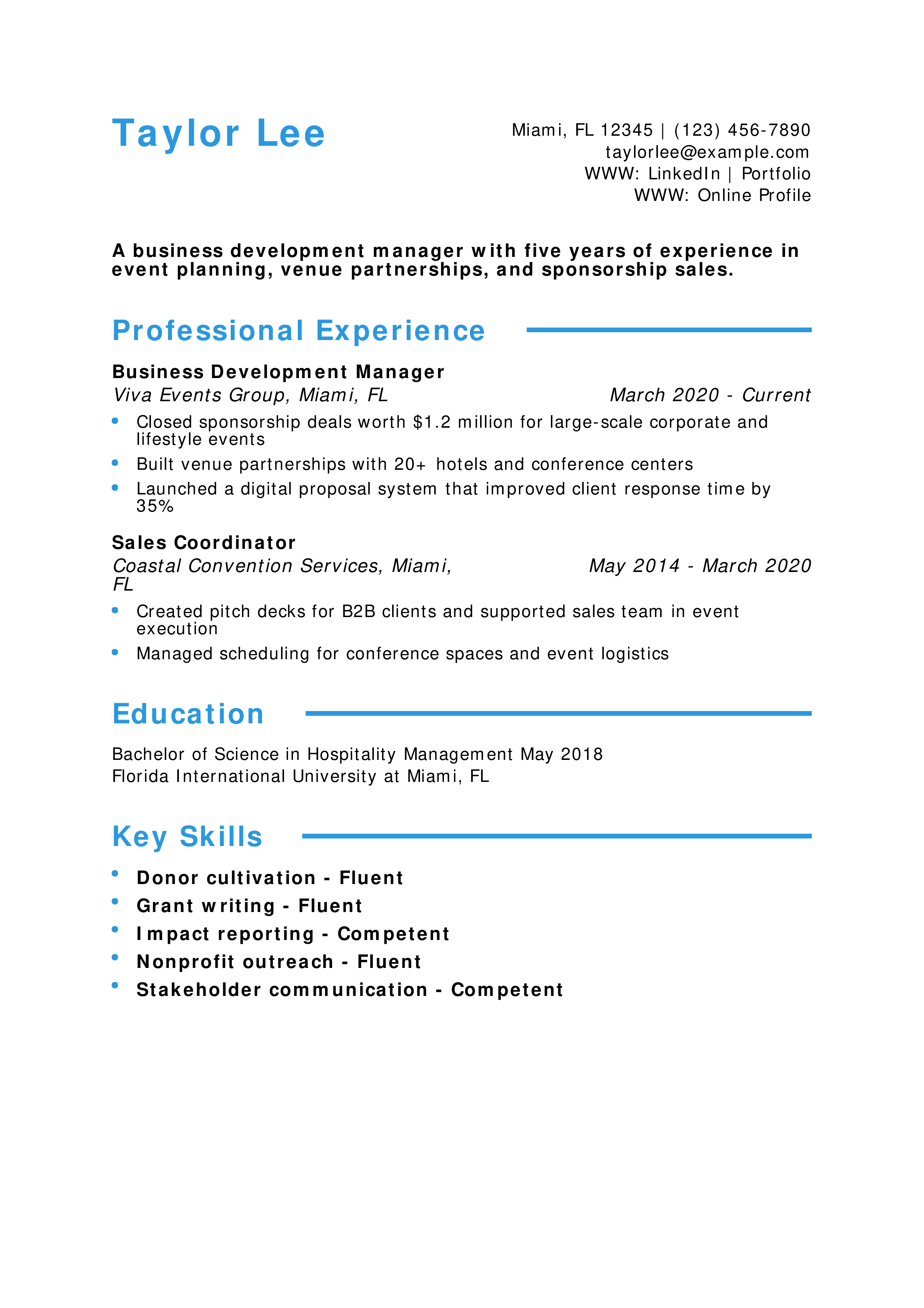 Event Services Business Development Manager Resume
