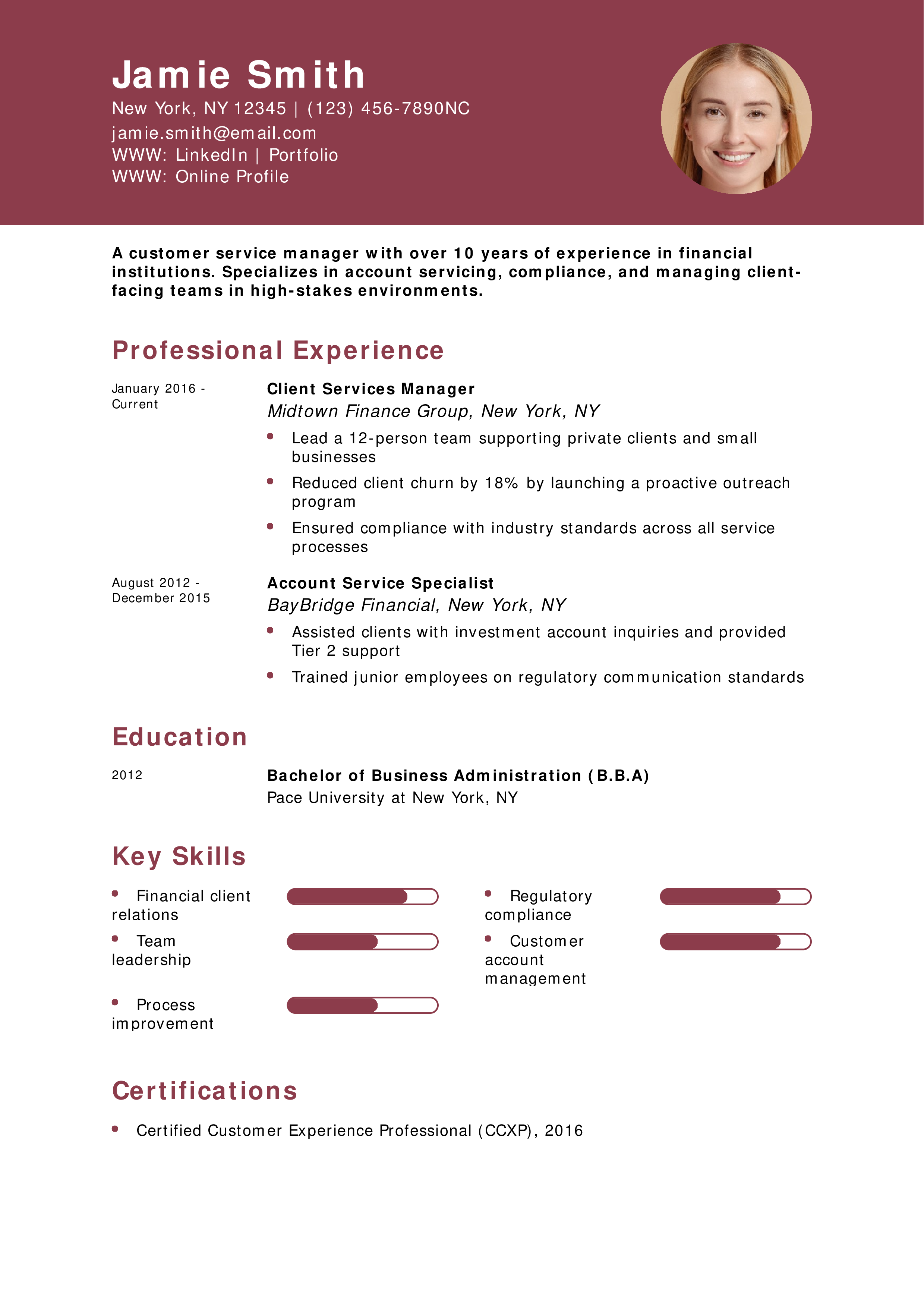 Financial Services Customer Service Manager Resume