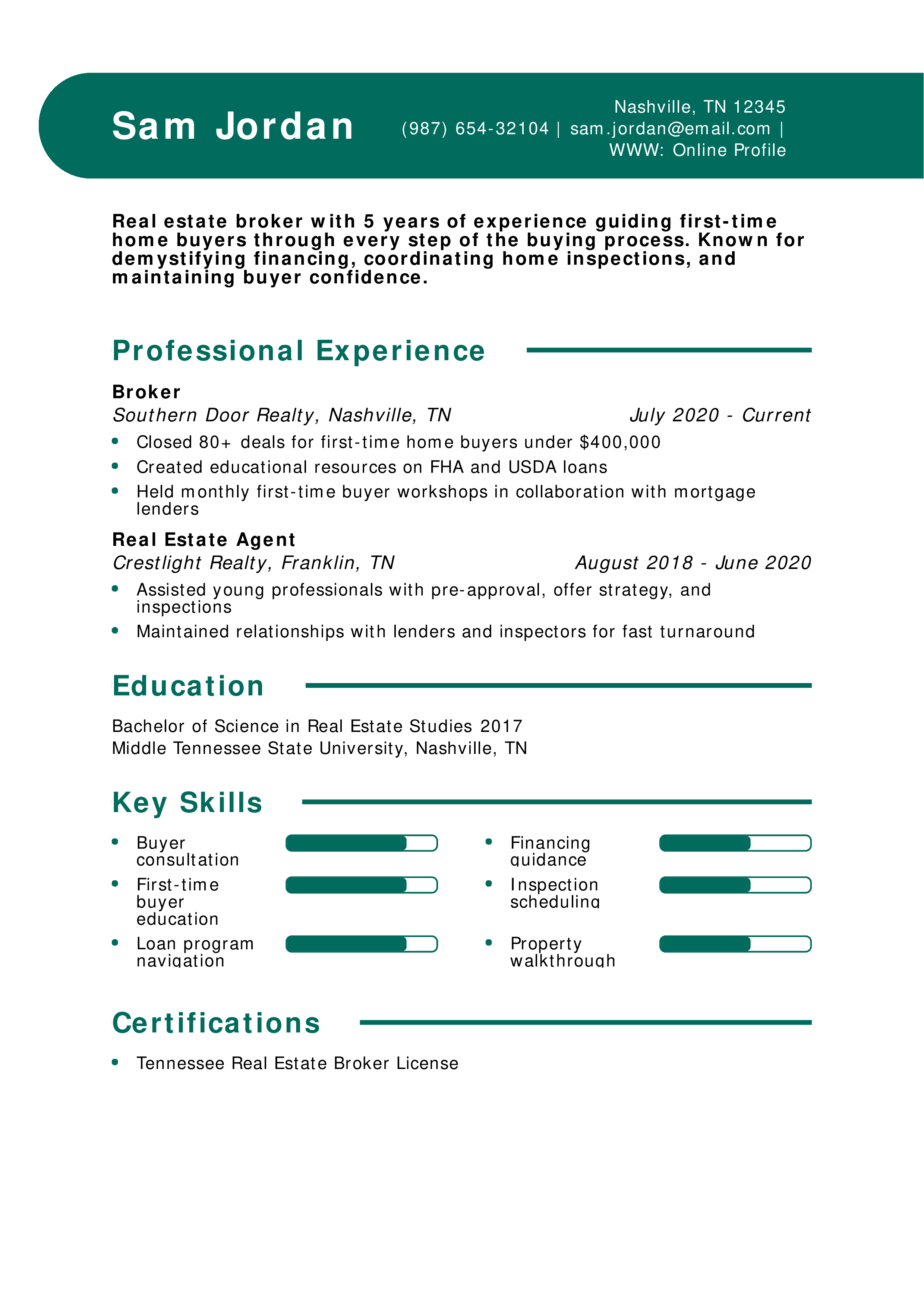 First-Time Home Buyer Broker Resume