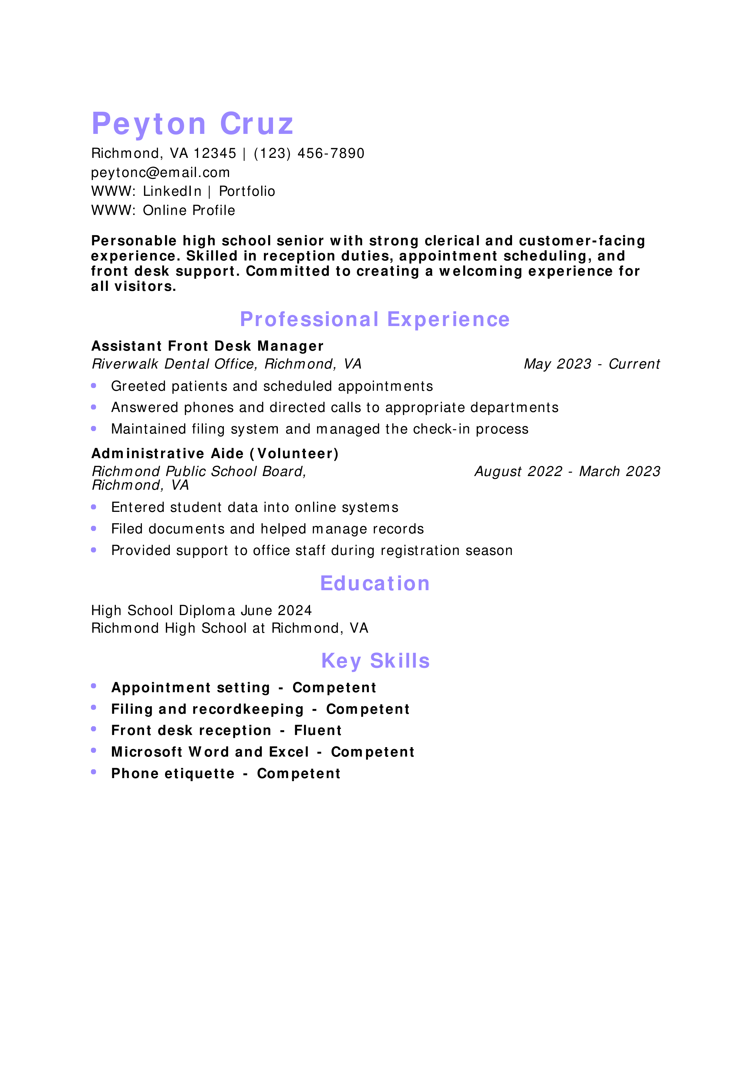 Front Desk Assistant Resume