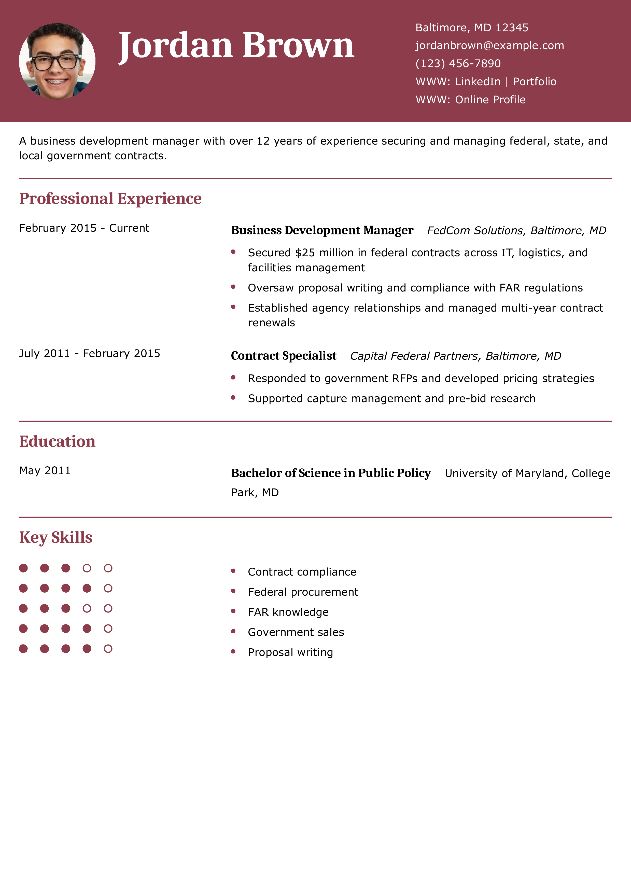 Government Contract Business Development Manager Resume