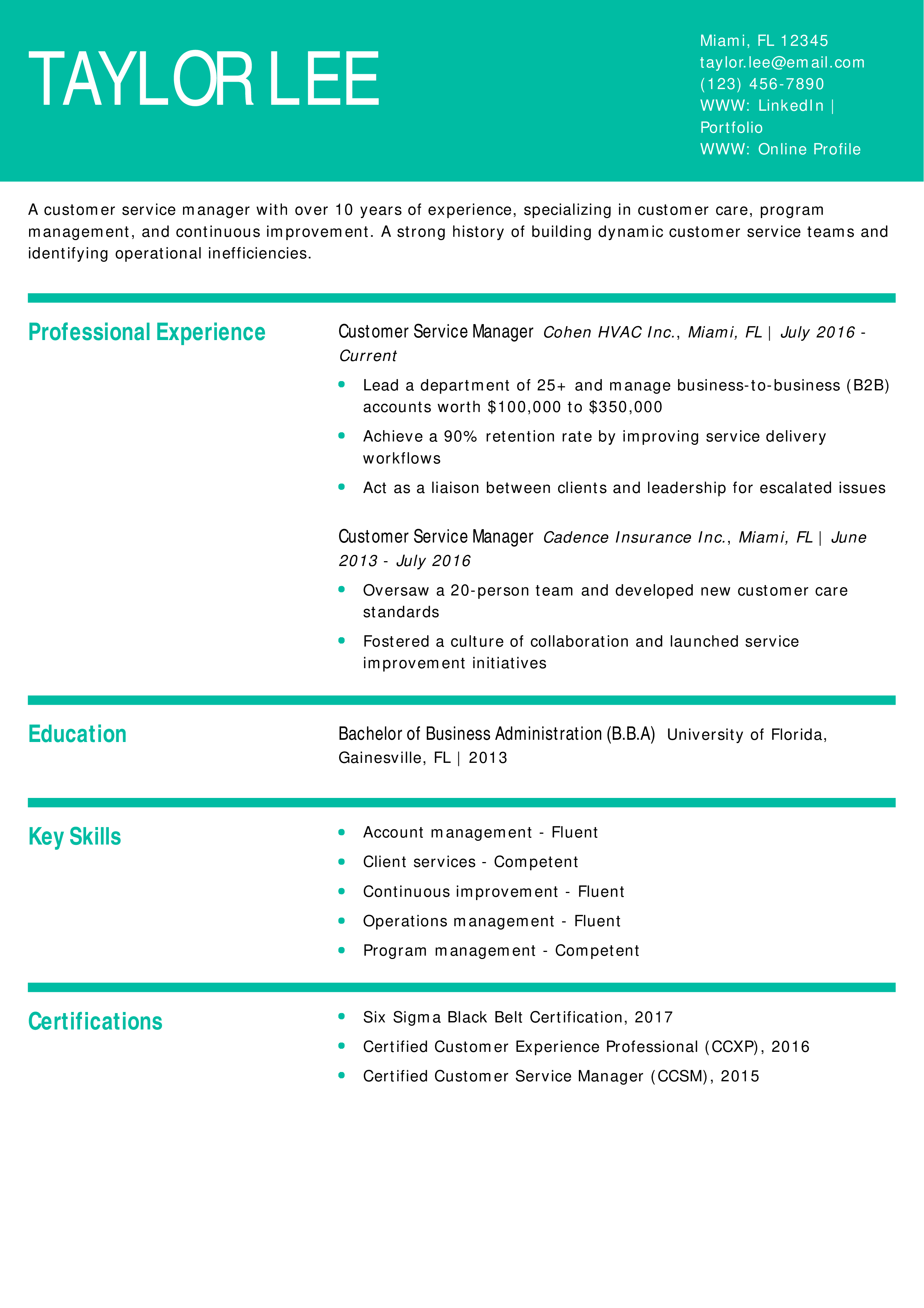 HVAC Customer Service Manager Resume