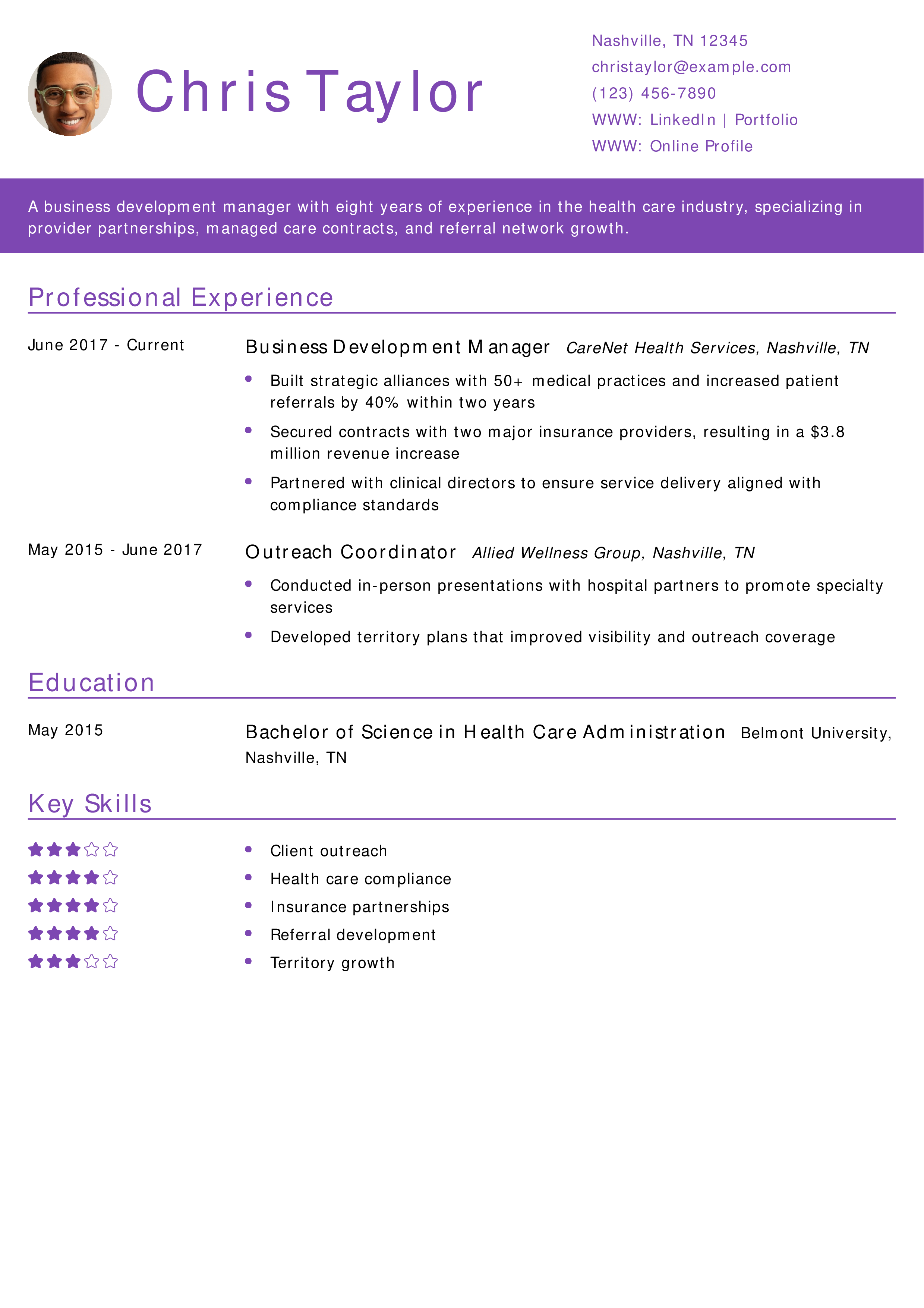 Health Care Business Development Manager Resume