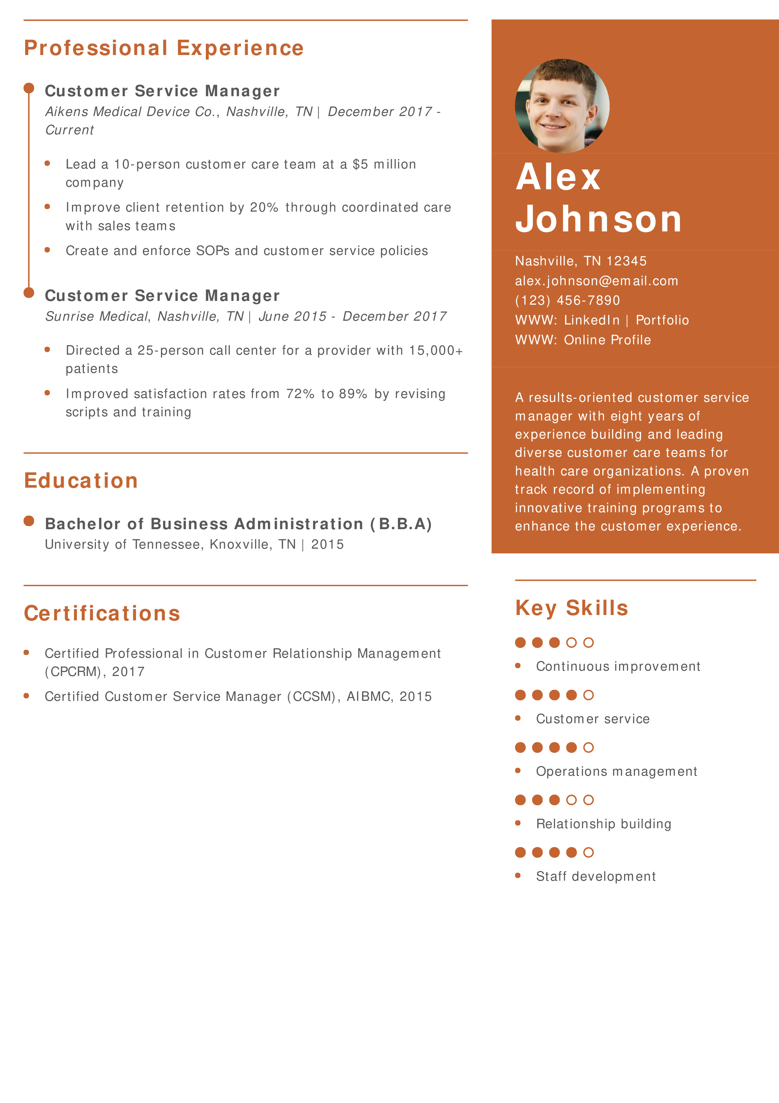 Health Care Customer Service Manager Resume