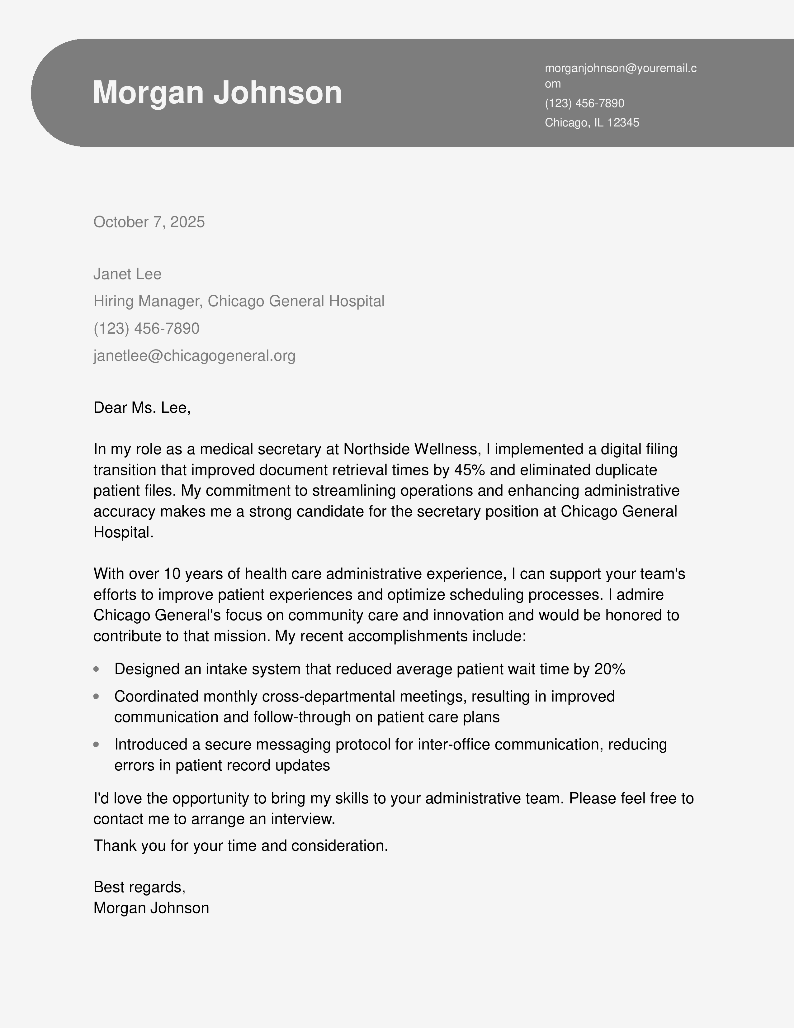 Health Care Secretary Cover Letter