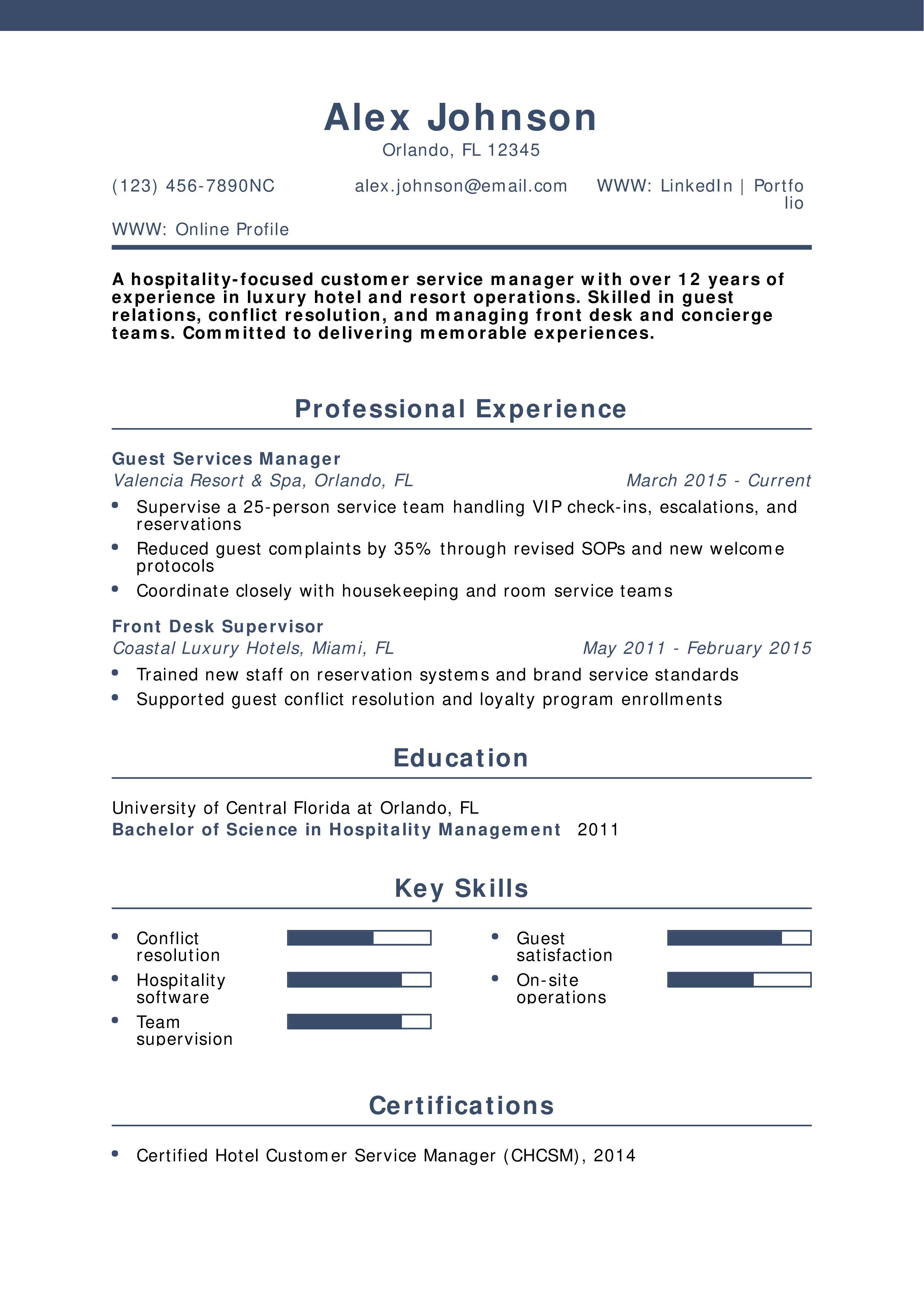 Hospitality Customer Service Manager Resume