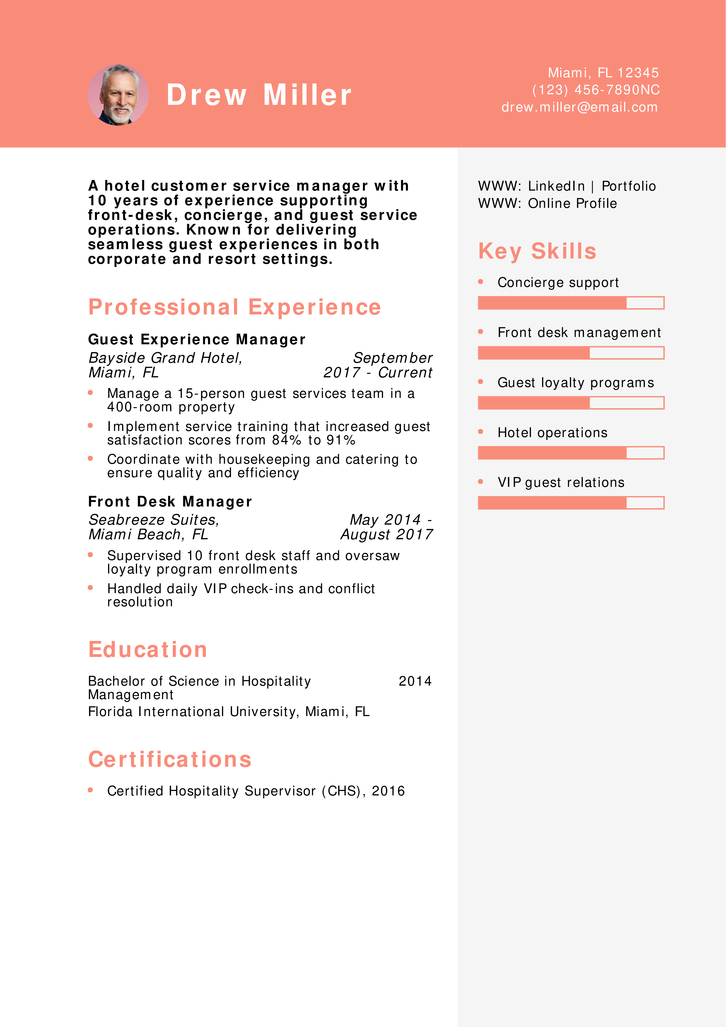 Hotel Customer Service Manager Resume