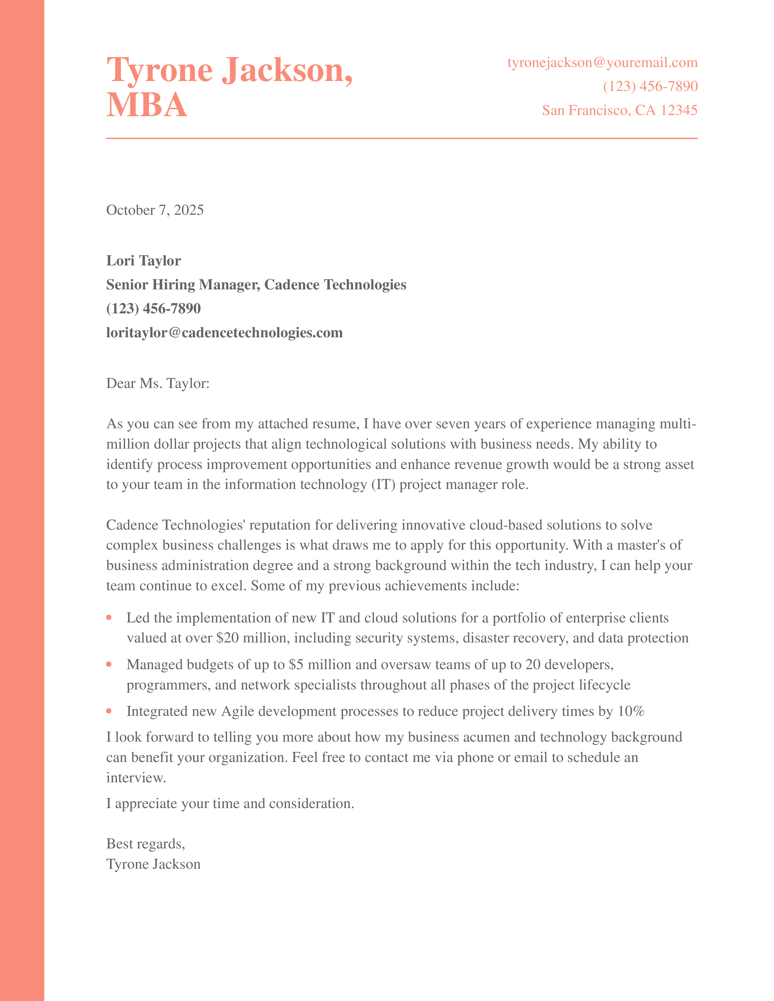 IT Project Manager, MBA Cover Letter