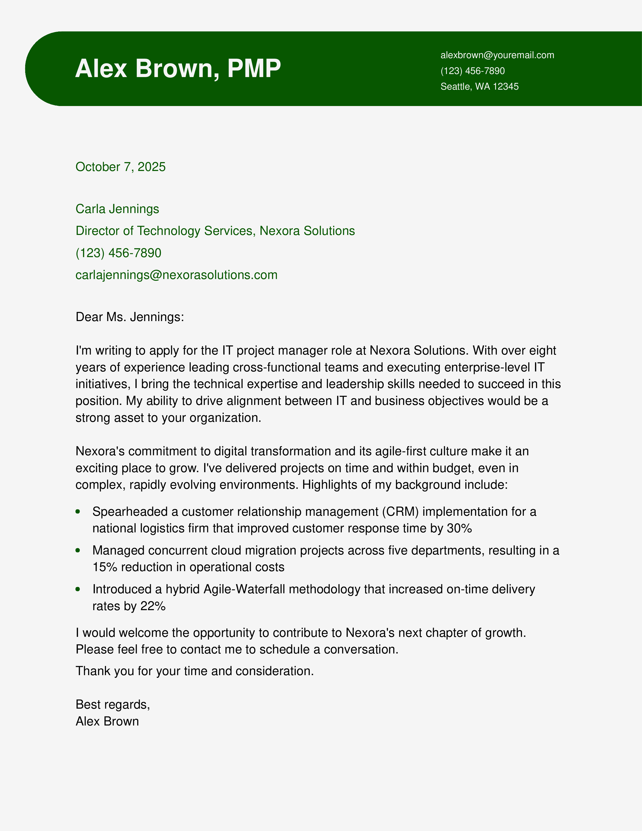 IT Project Manager, PMP Cover Letter