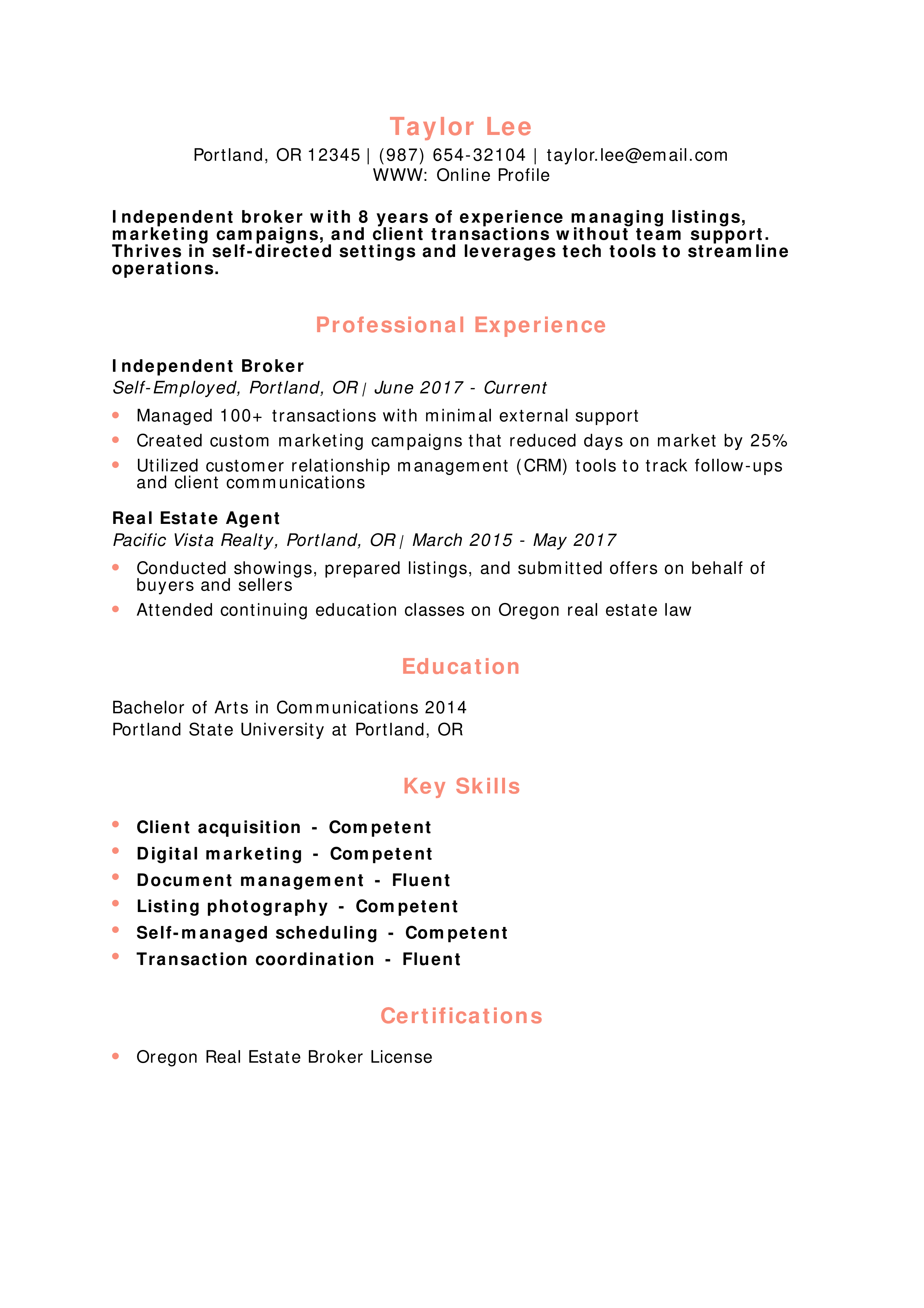 Independent Real Estate Broker Resume