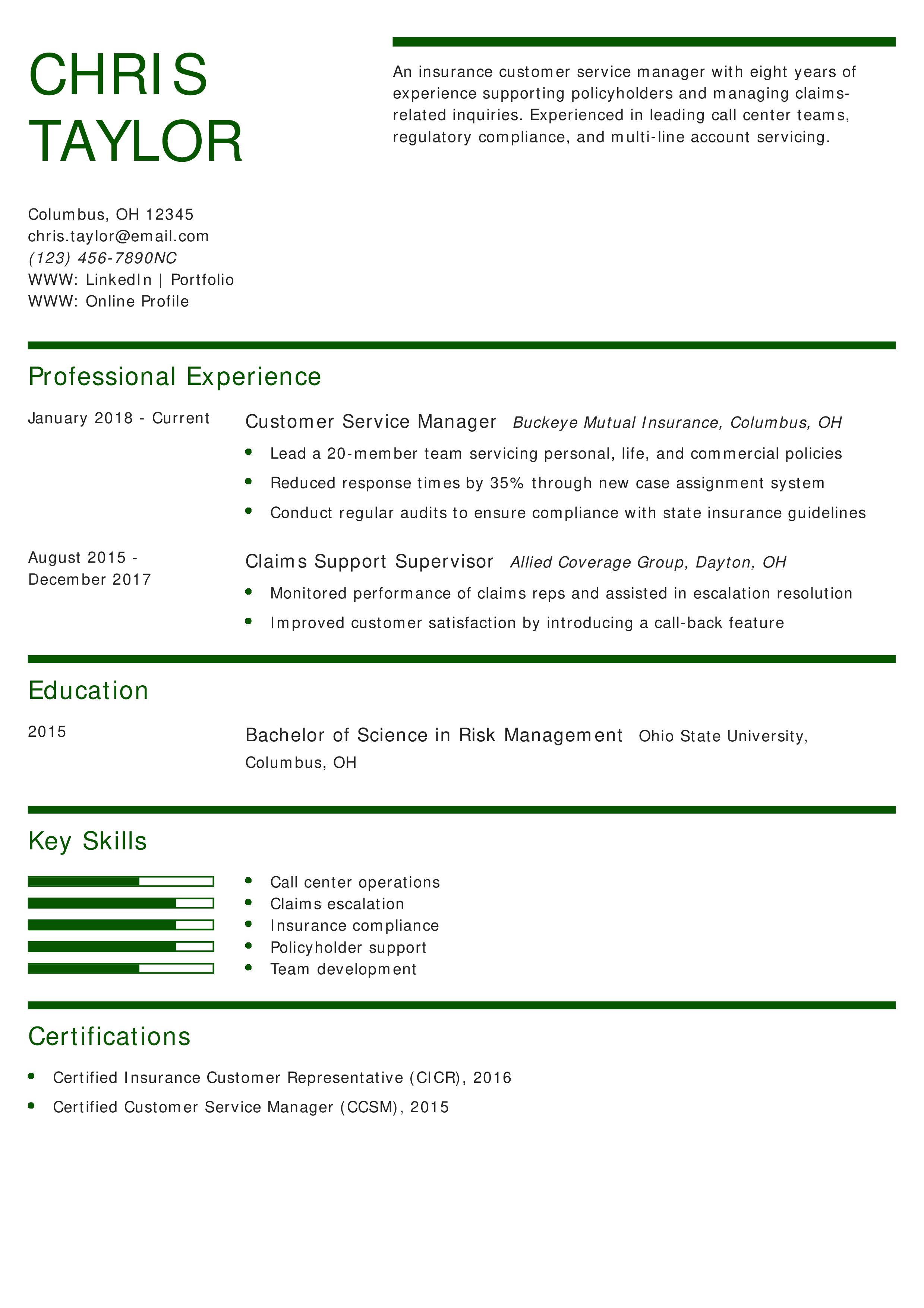 Insurance Customer Service Manager Resume