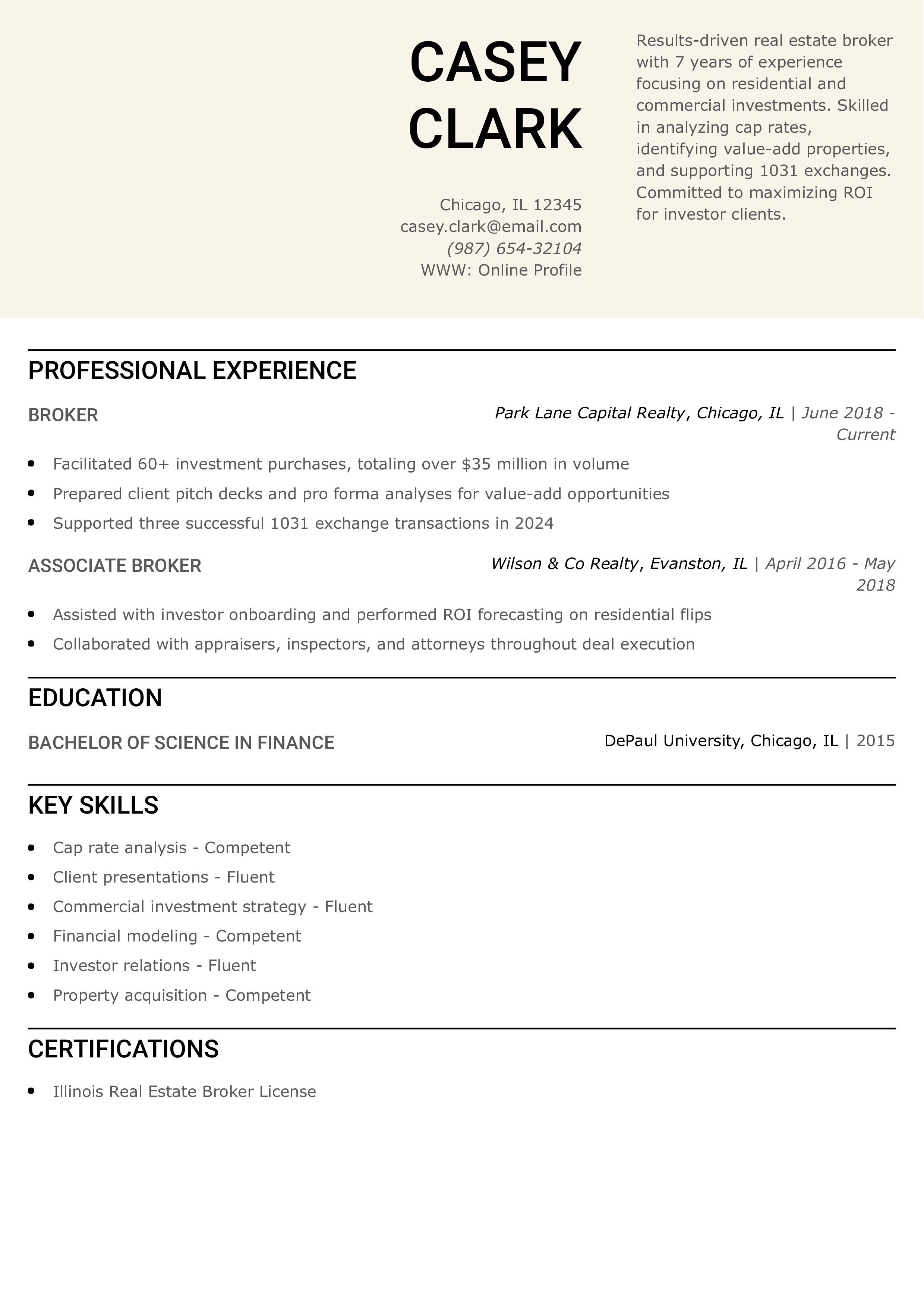 Investment Real Estate Broker Resume
