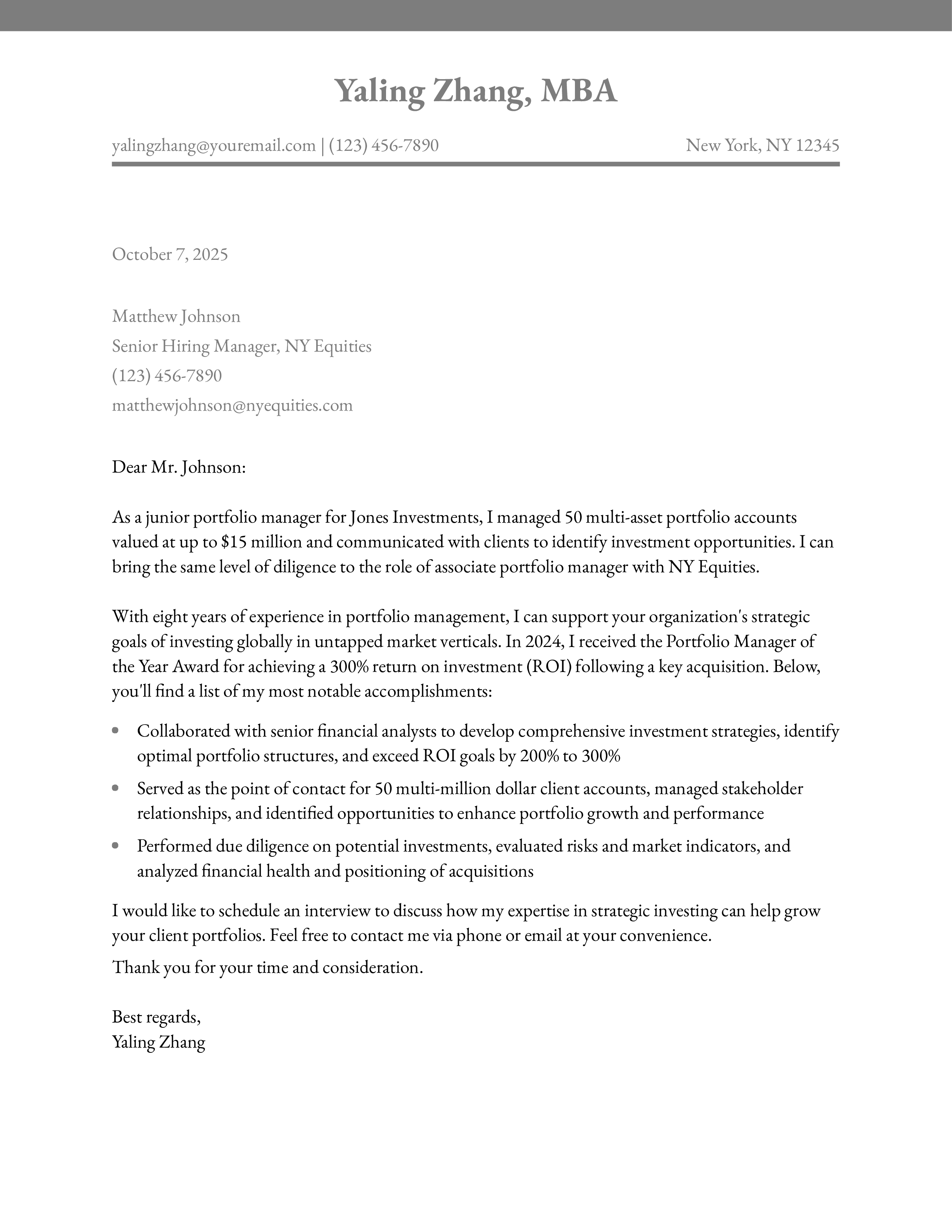 Junior Portfolio Manager, MBA Cover Letter