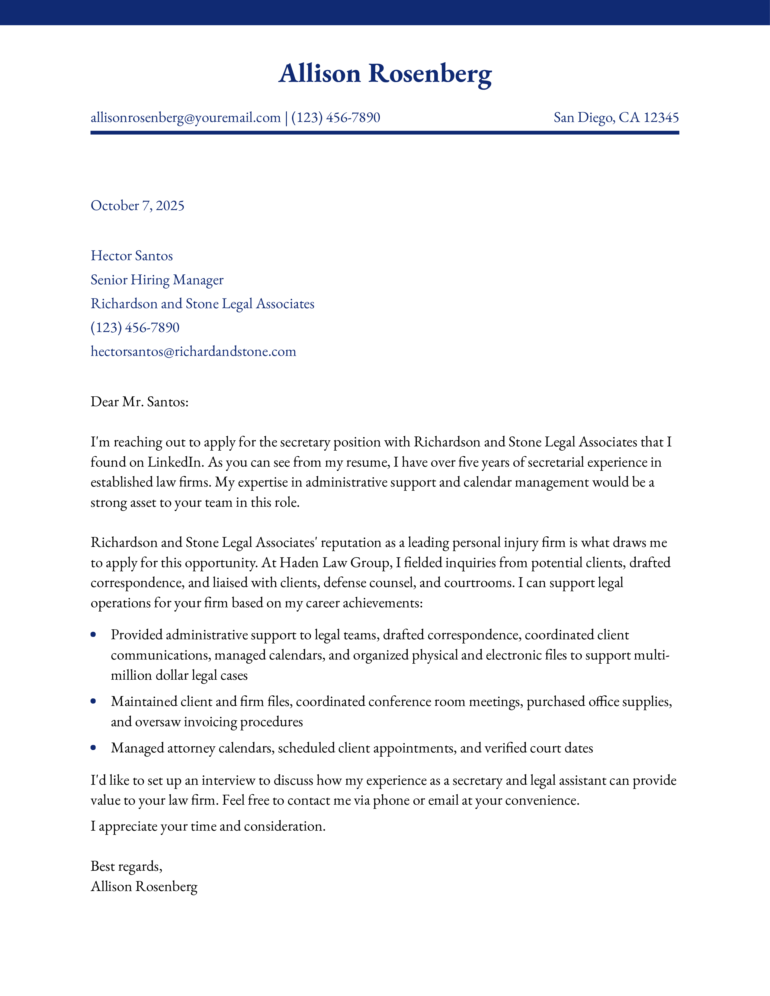 Legal Secretary Cover Letter