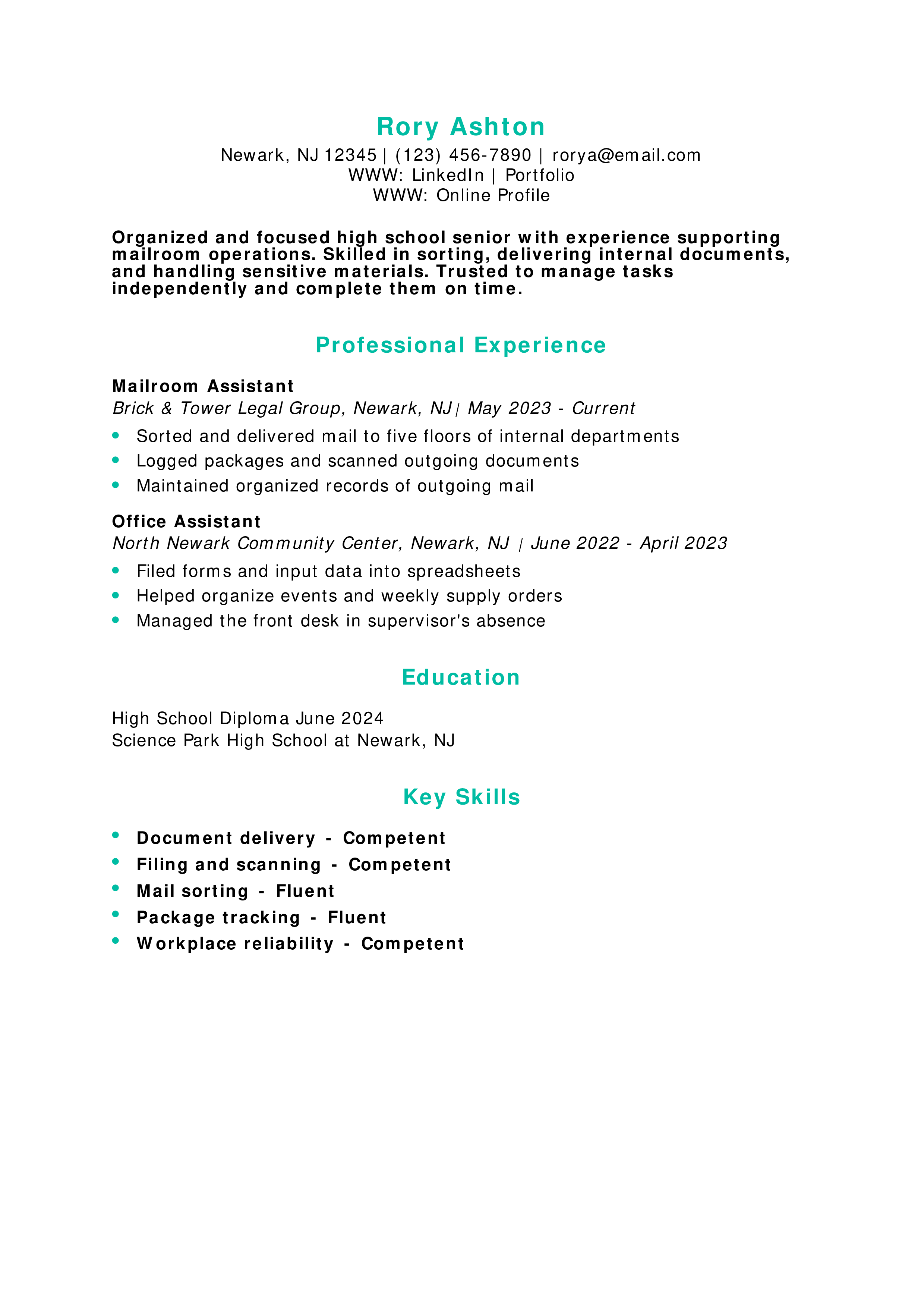 Mailroom Assistant Resume