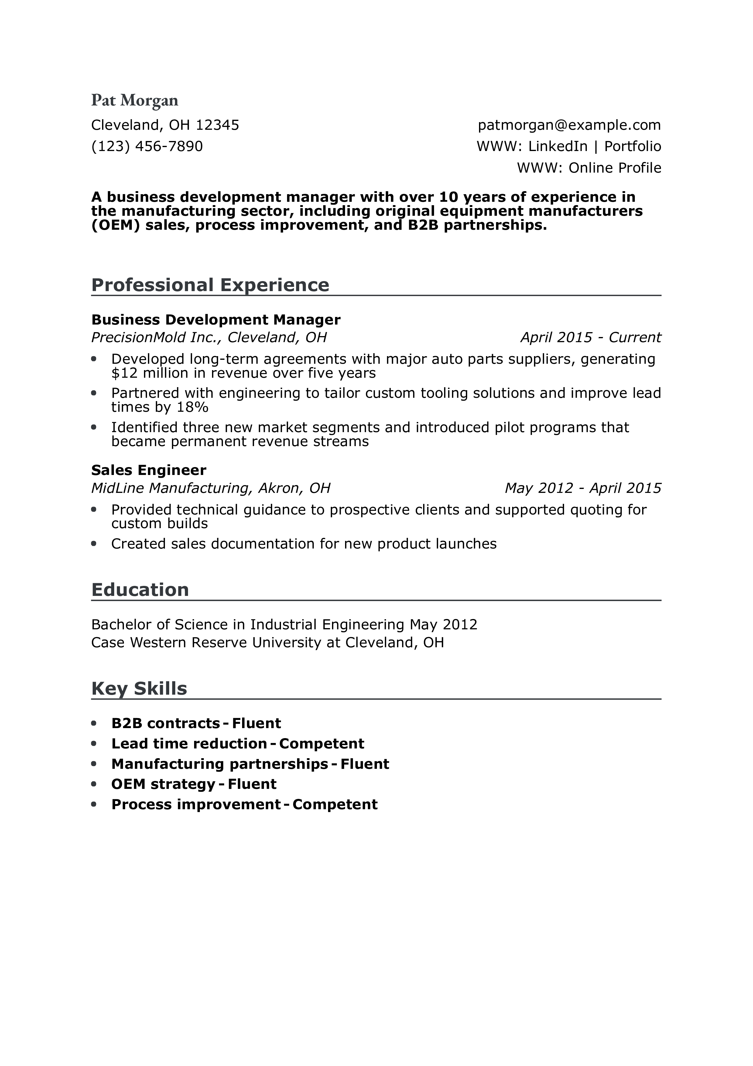Manufacturing Business Development Manager Resume