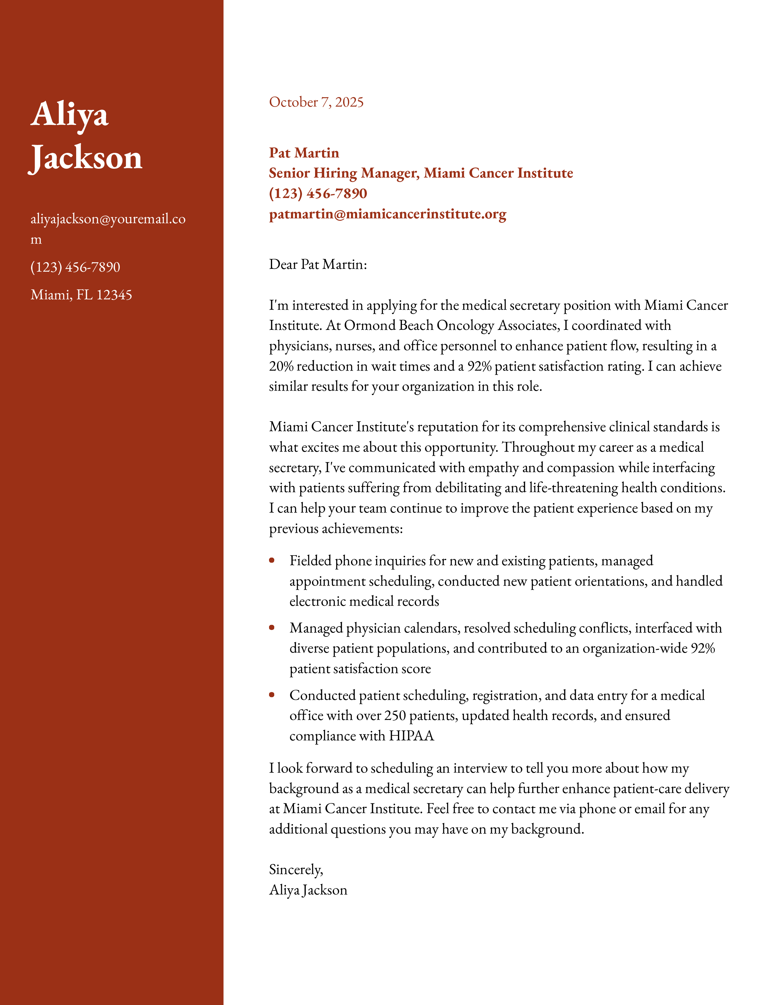 Medical Secretary Cover Letter