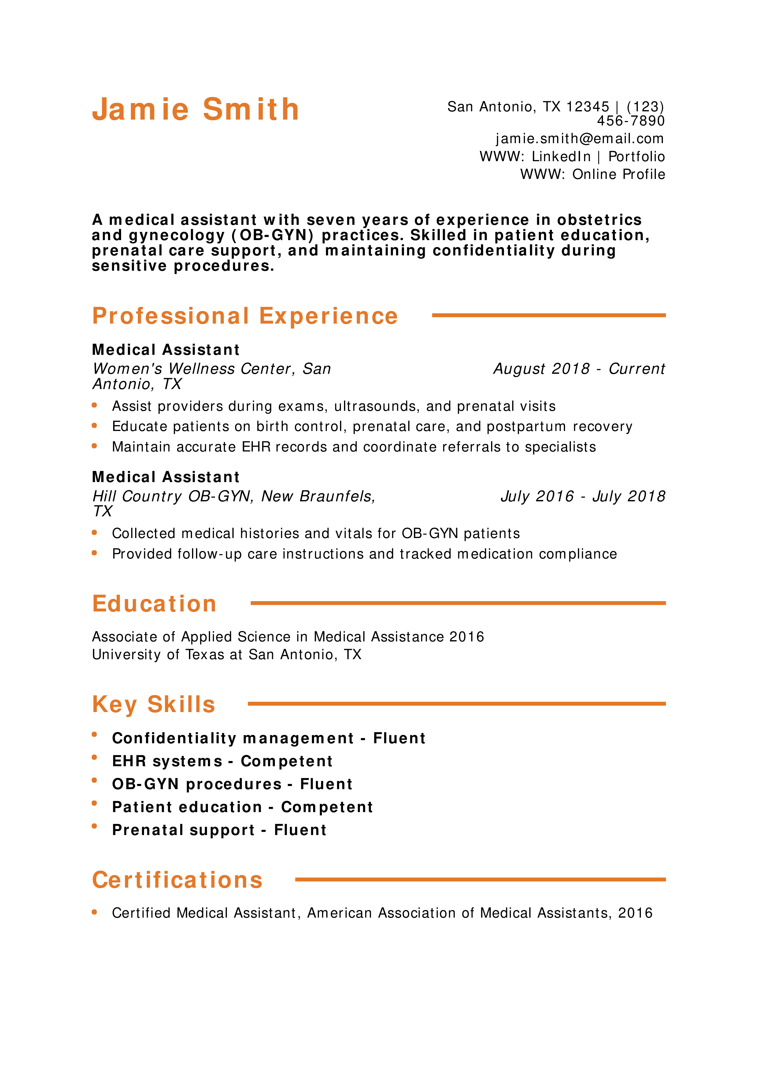 OB-GYN Medical Assistant Resume