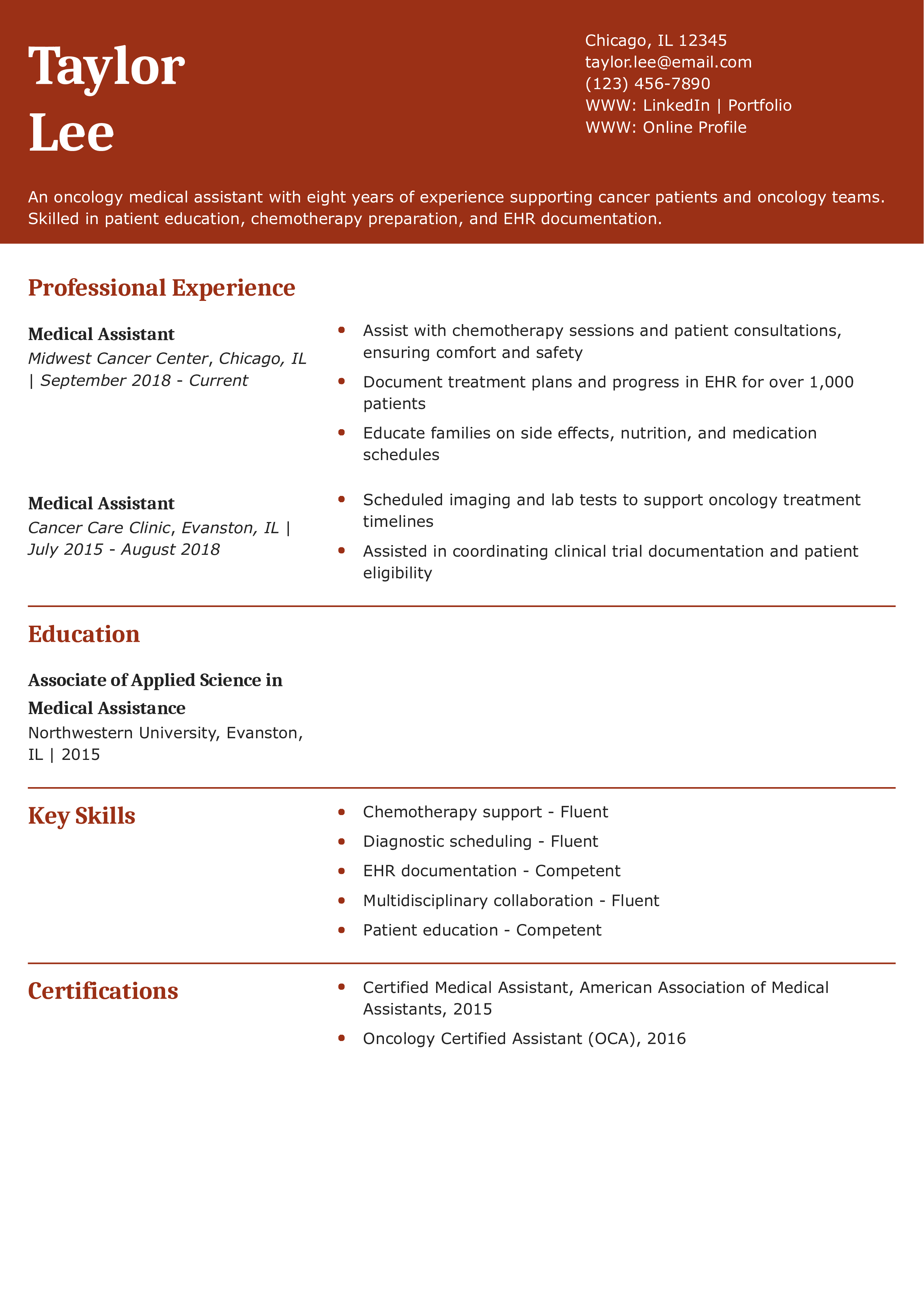 Oncology Medical Assistant Resume