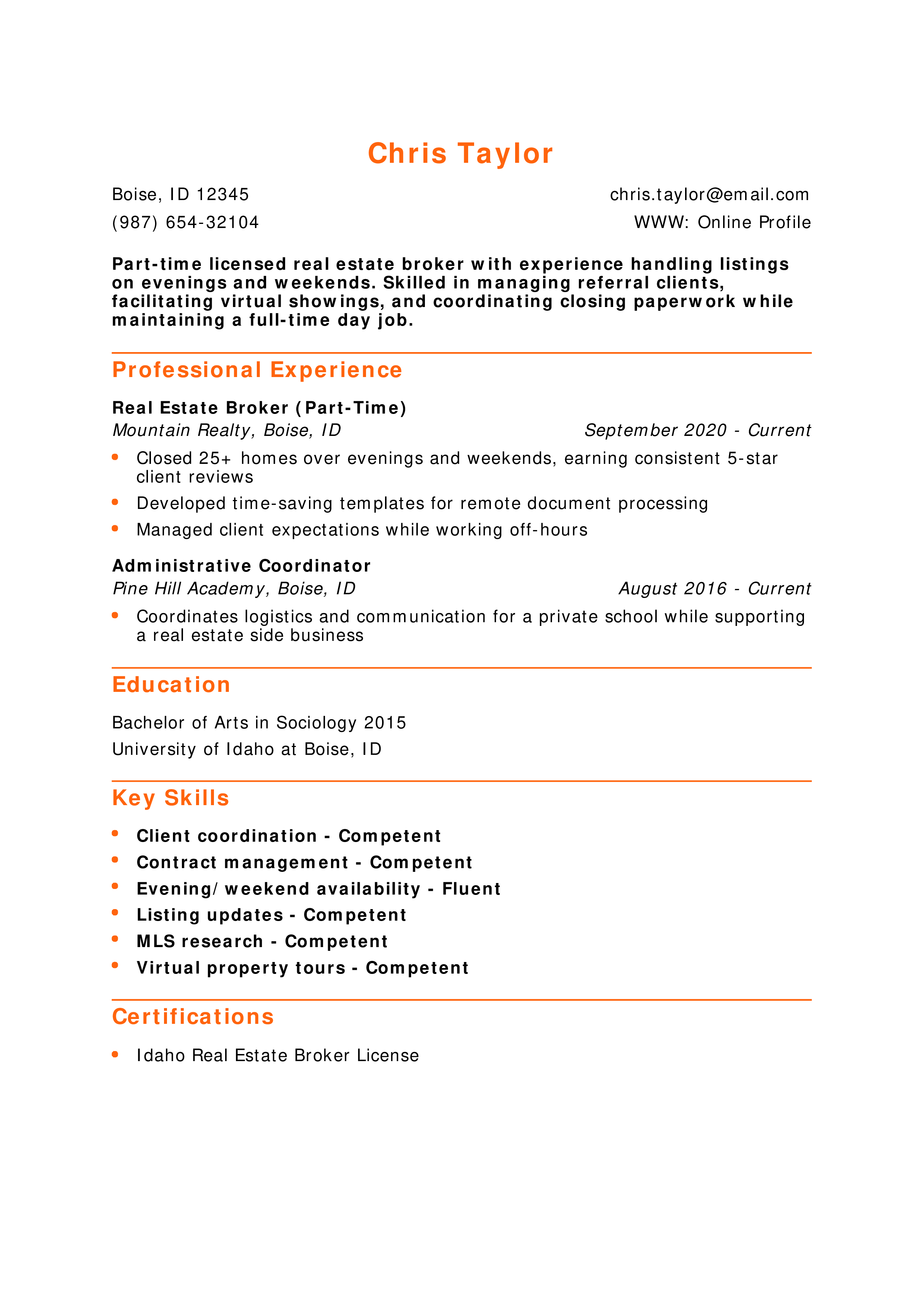Part-Time Real Estate Broker Resume