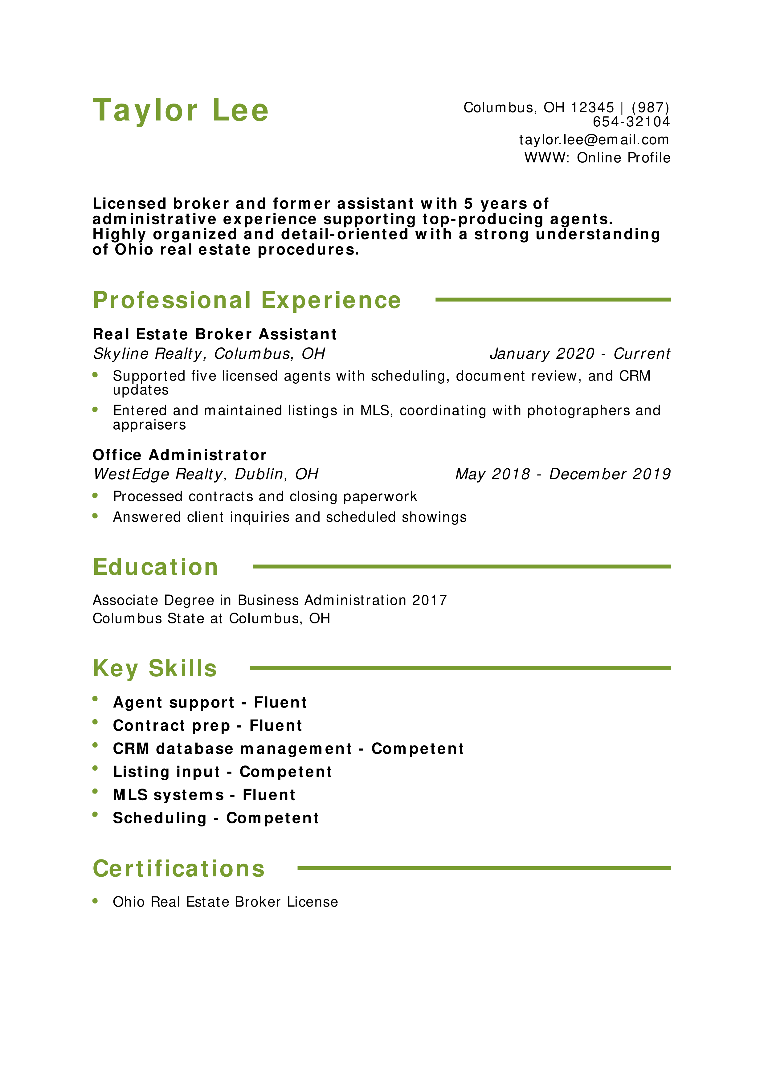 Real Estate Broker Assistant Resume