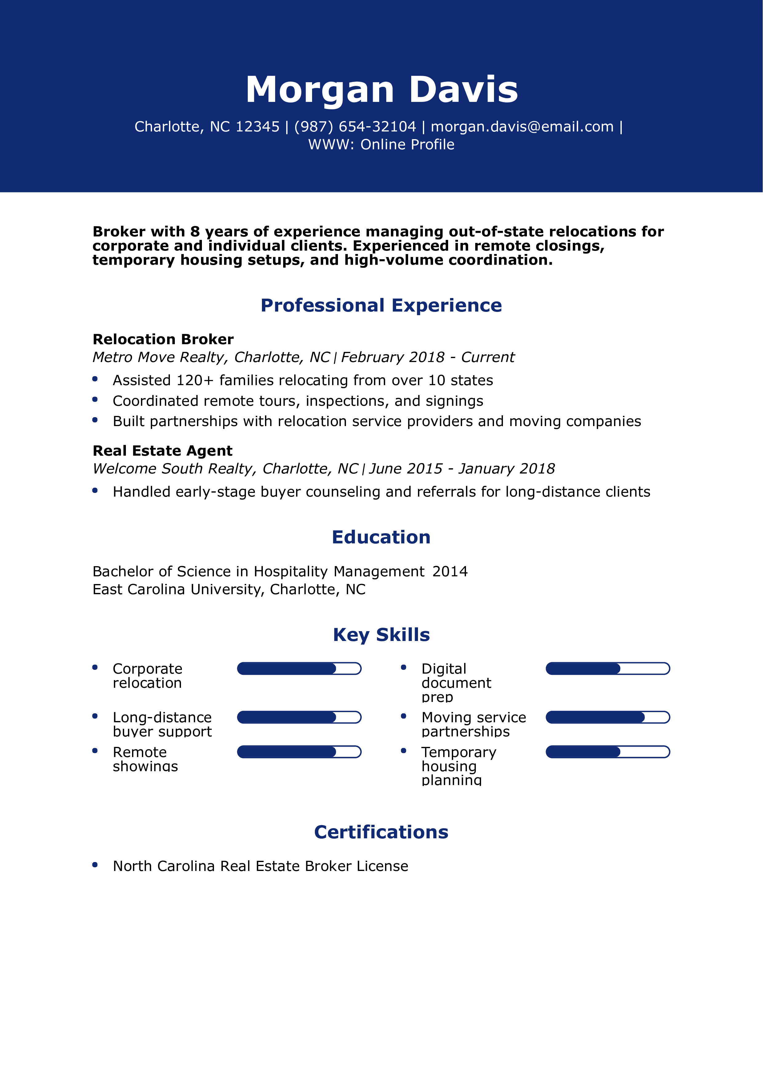 Real Estate Broker with Relocation Clients Resume