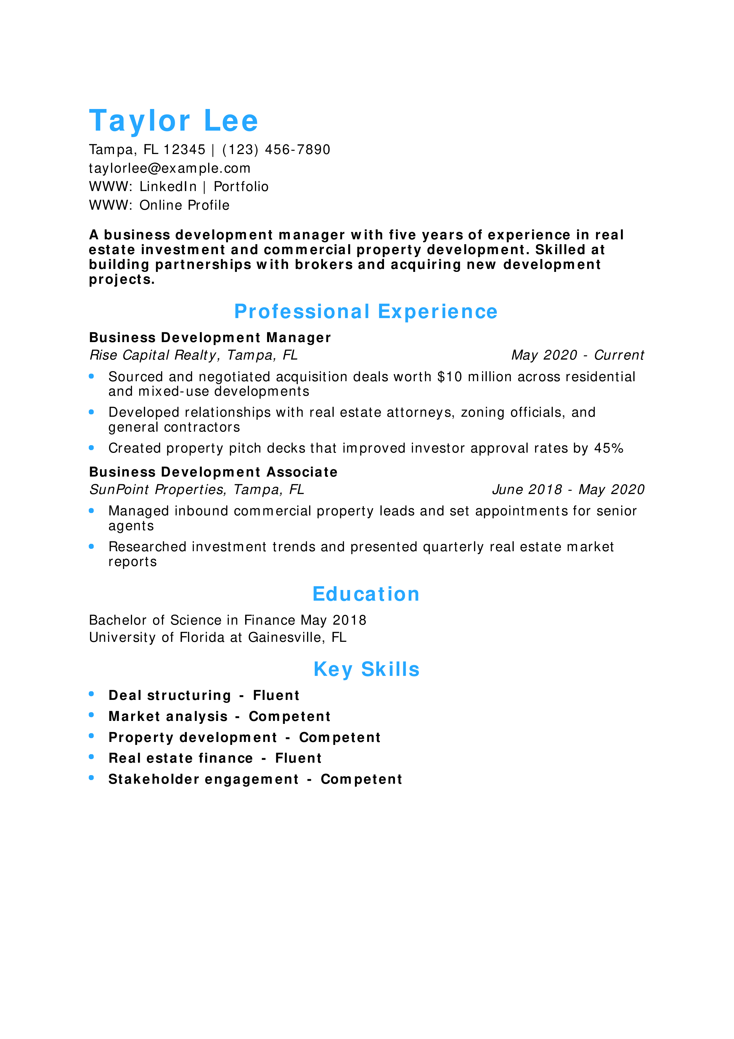 Real Estate Business Development Manager Resume