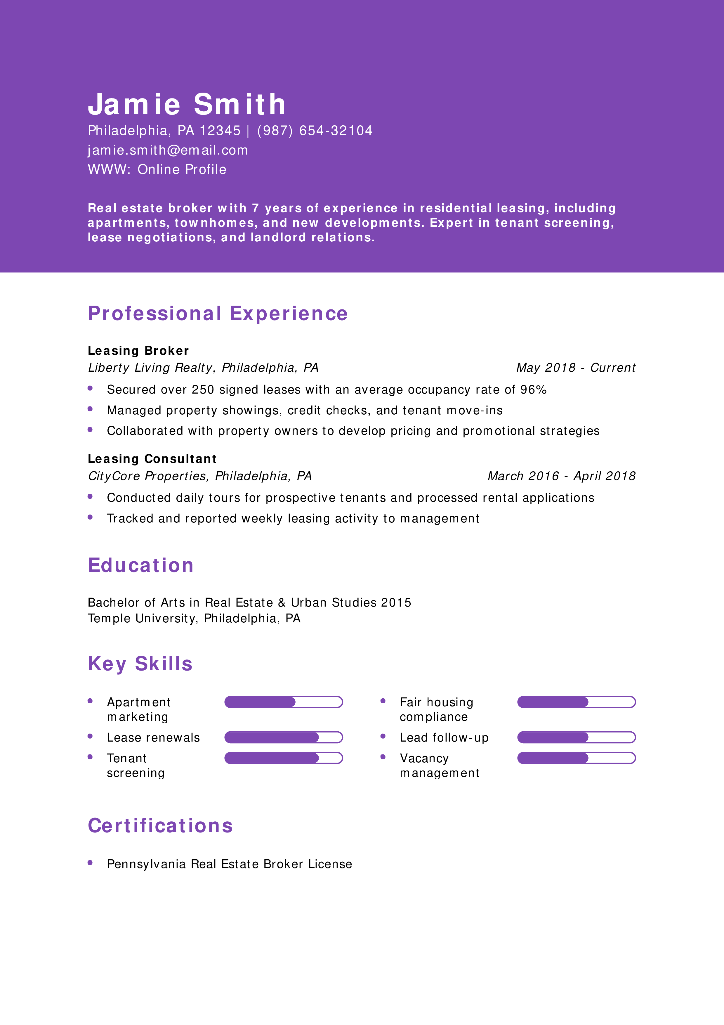 Real Estate Leasing Broker Resume