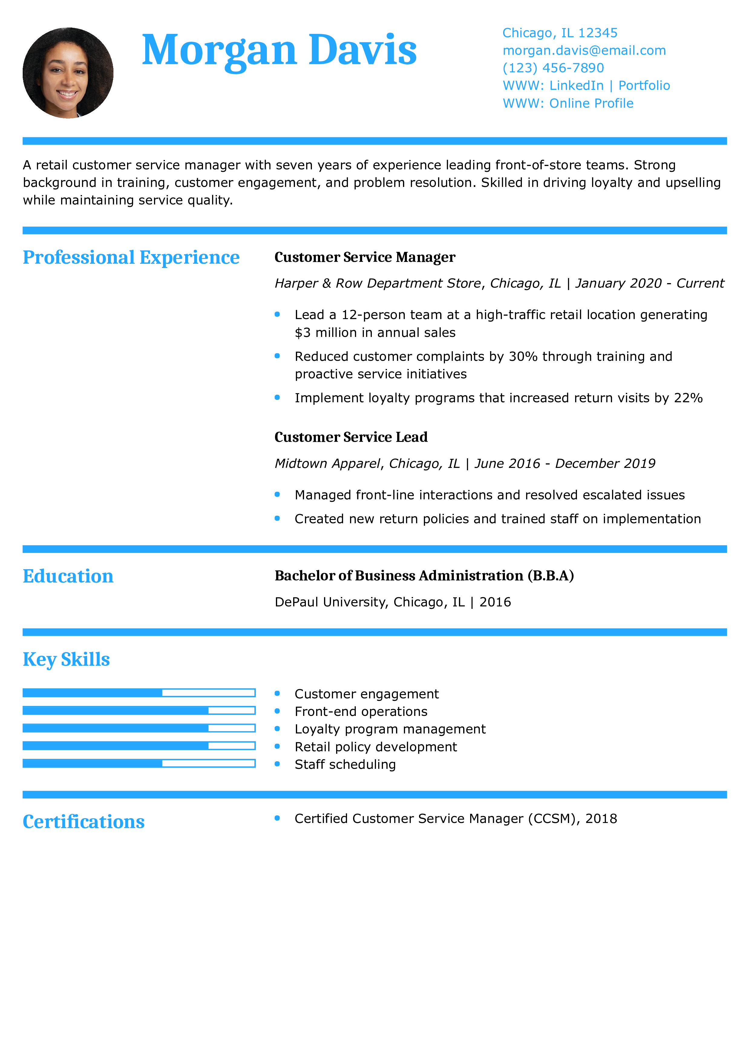 Retail Customer Service Manager Resume