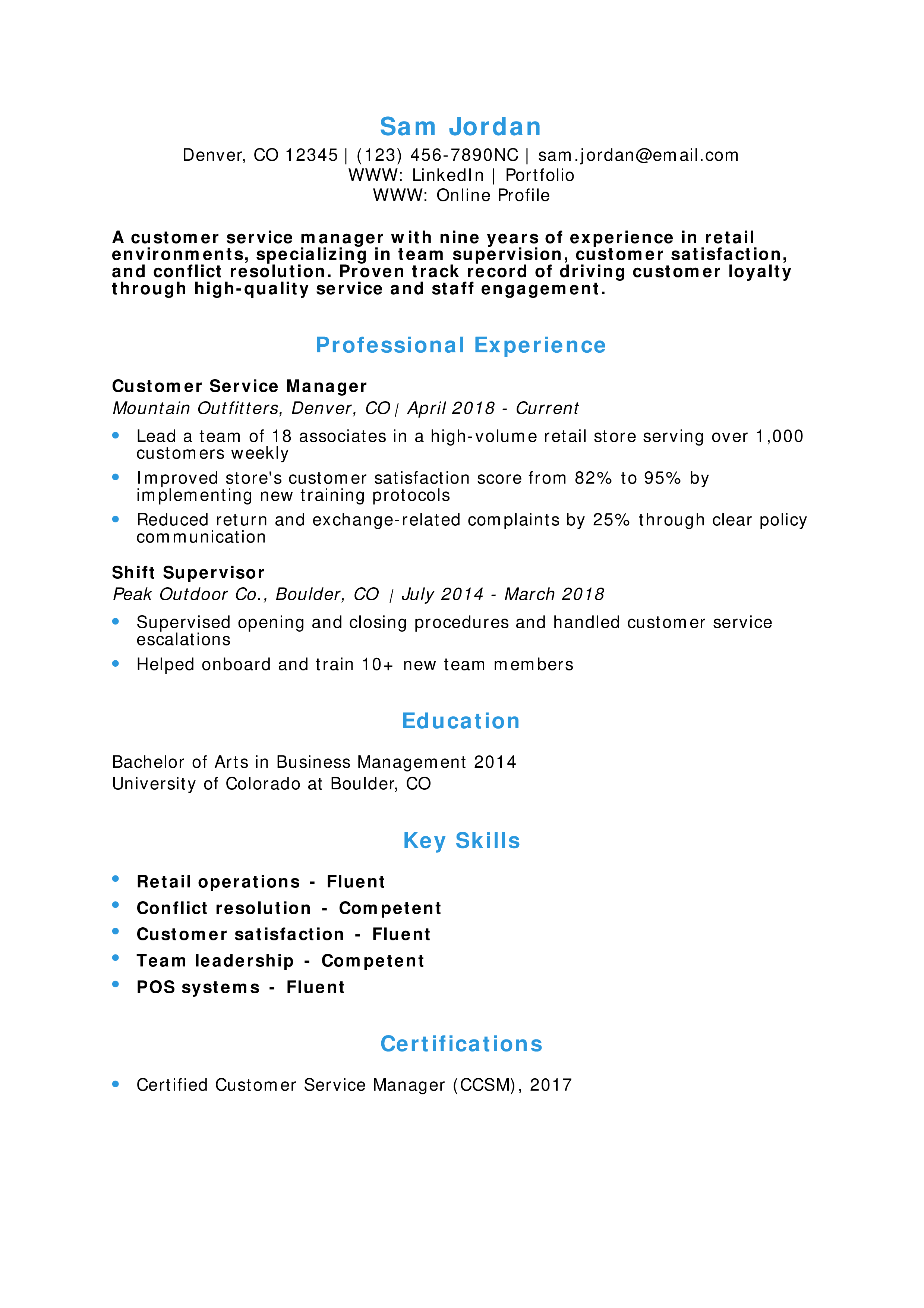 Retail Store Customer Service Manager Resume