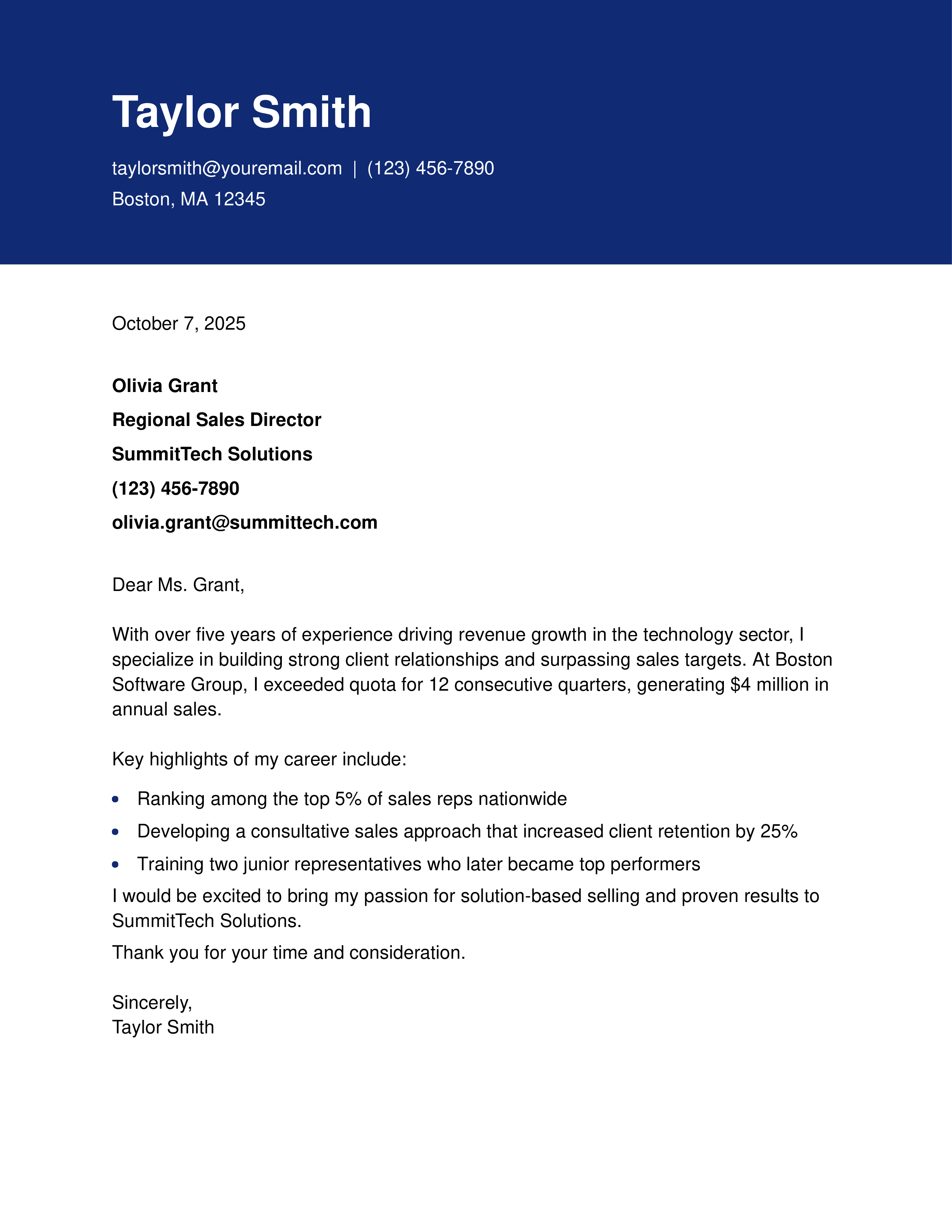 Sales Representative Cover Letter