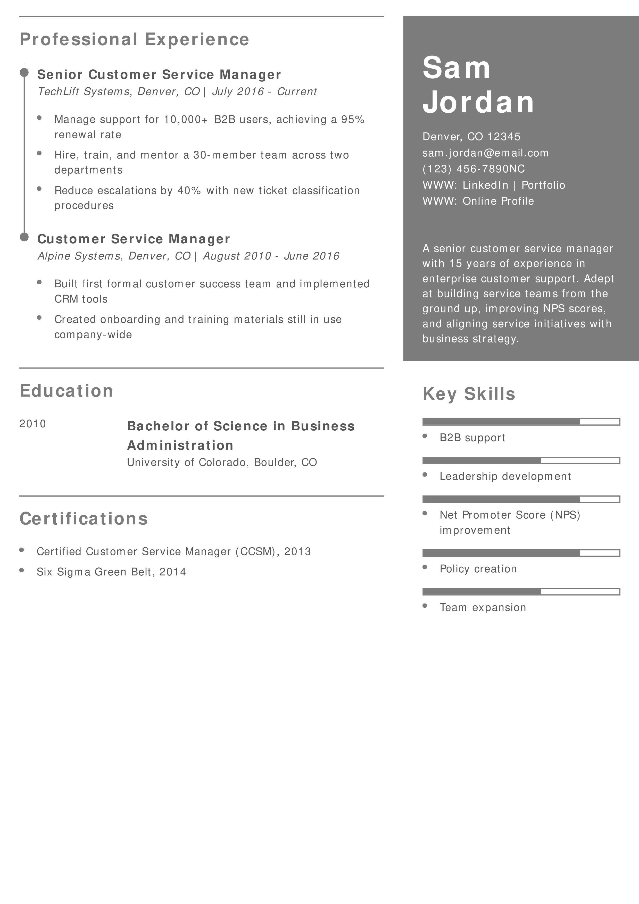 Senior Customer Service Manager Resume