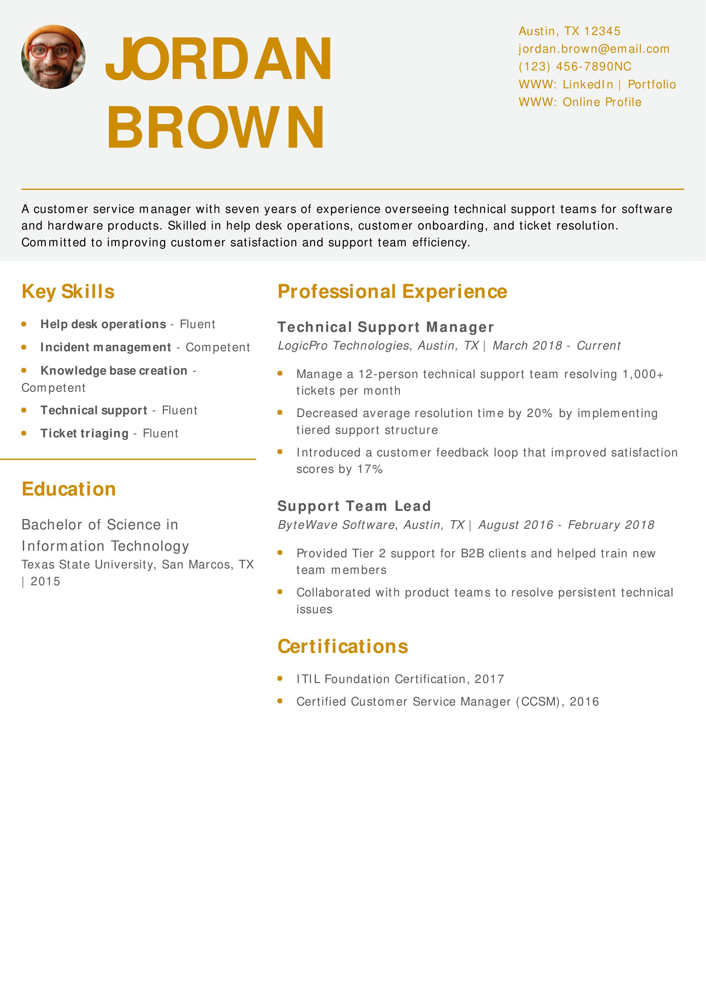 Technical Support Customer Service Manager Resume