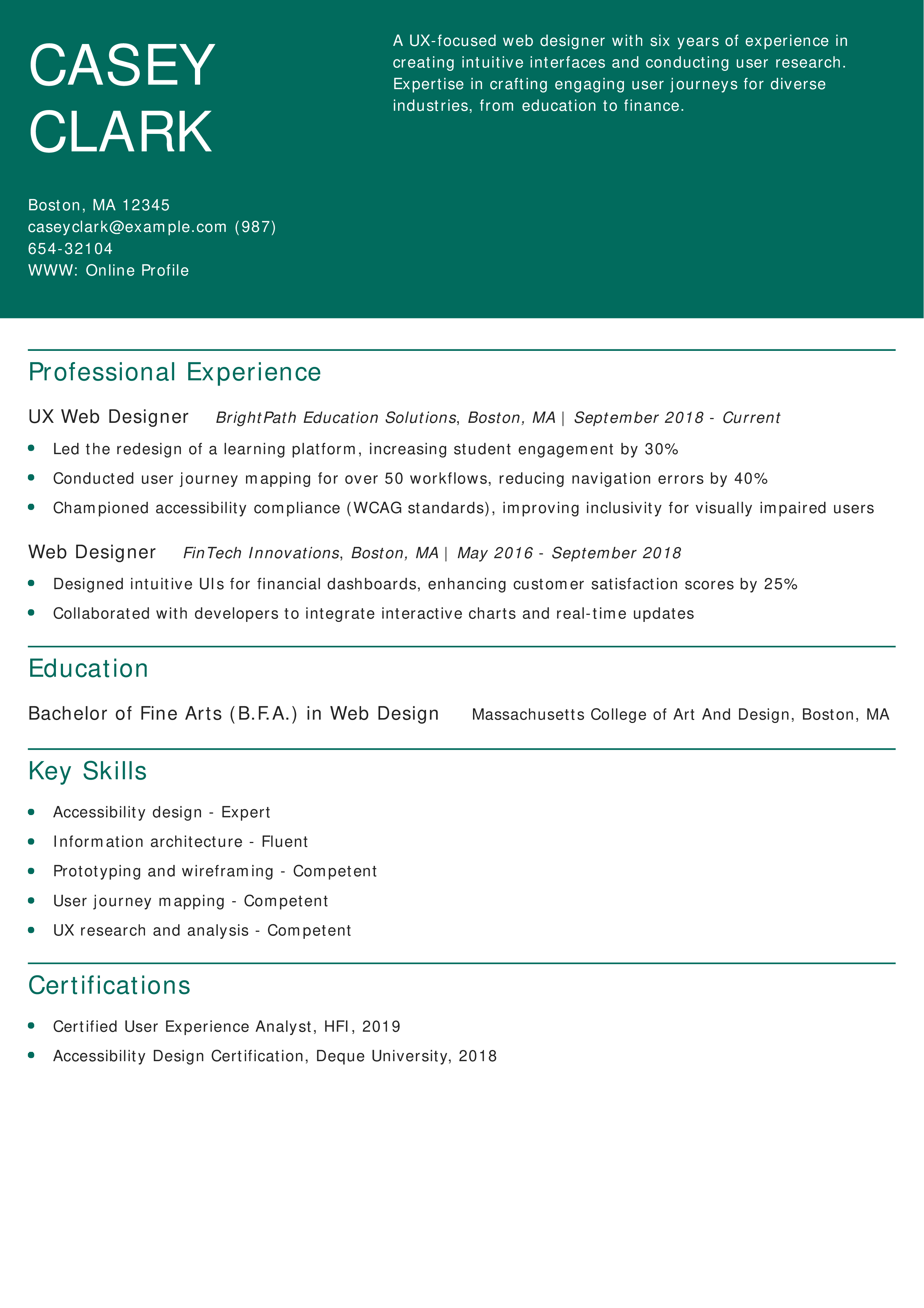 User Experience-Focused Web Designer Resume