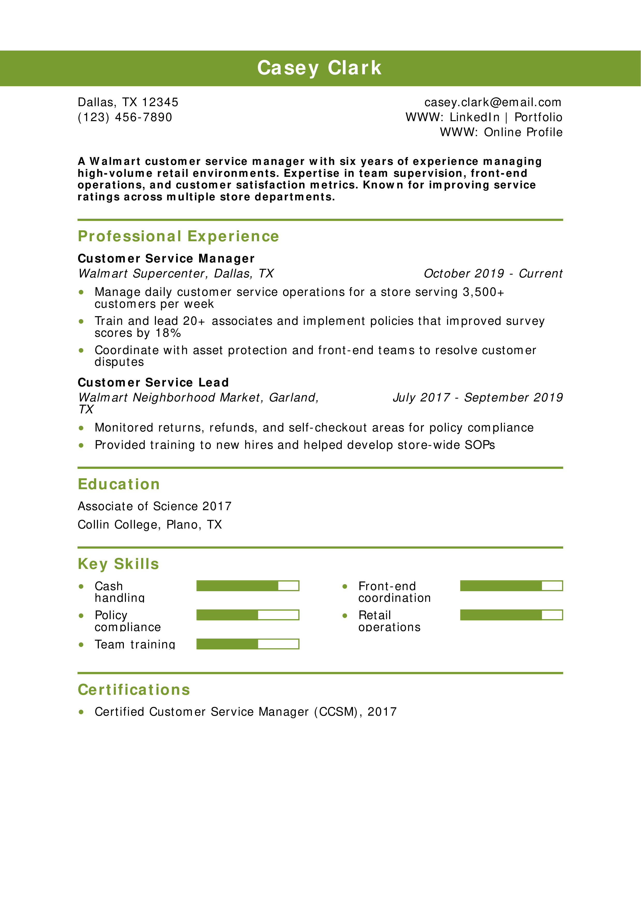 Walmart Customer Service Manager Resume