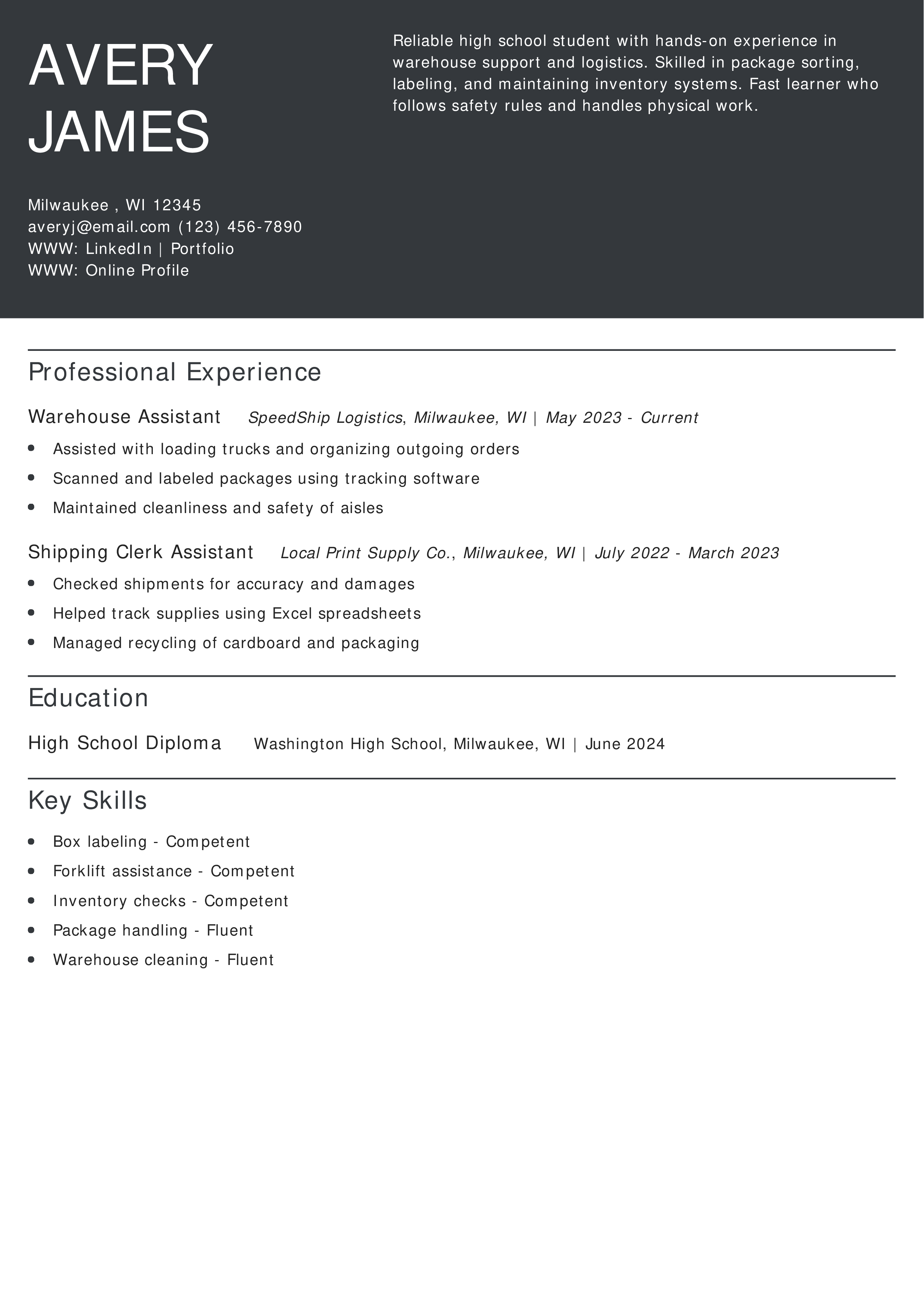 Warehouse Assistant Resume