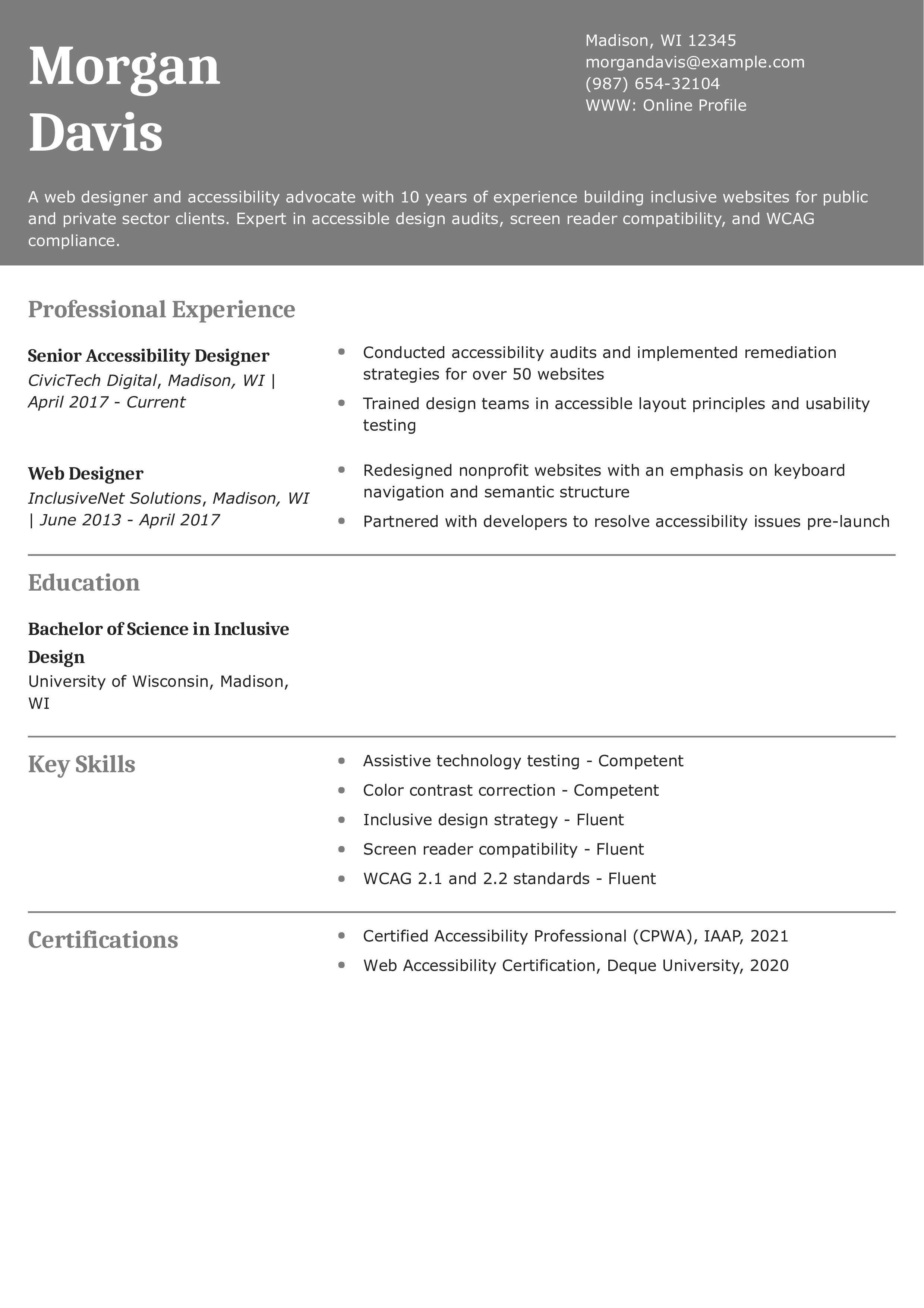 Web Accessibility Advocate Resume