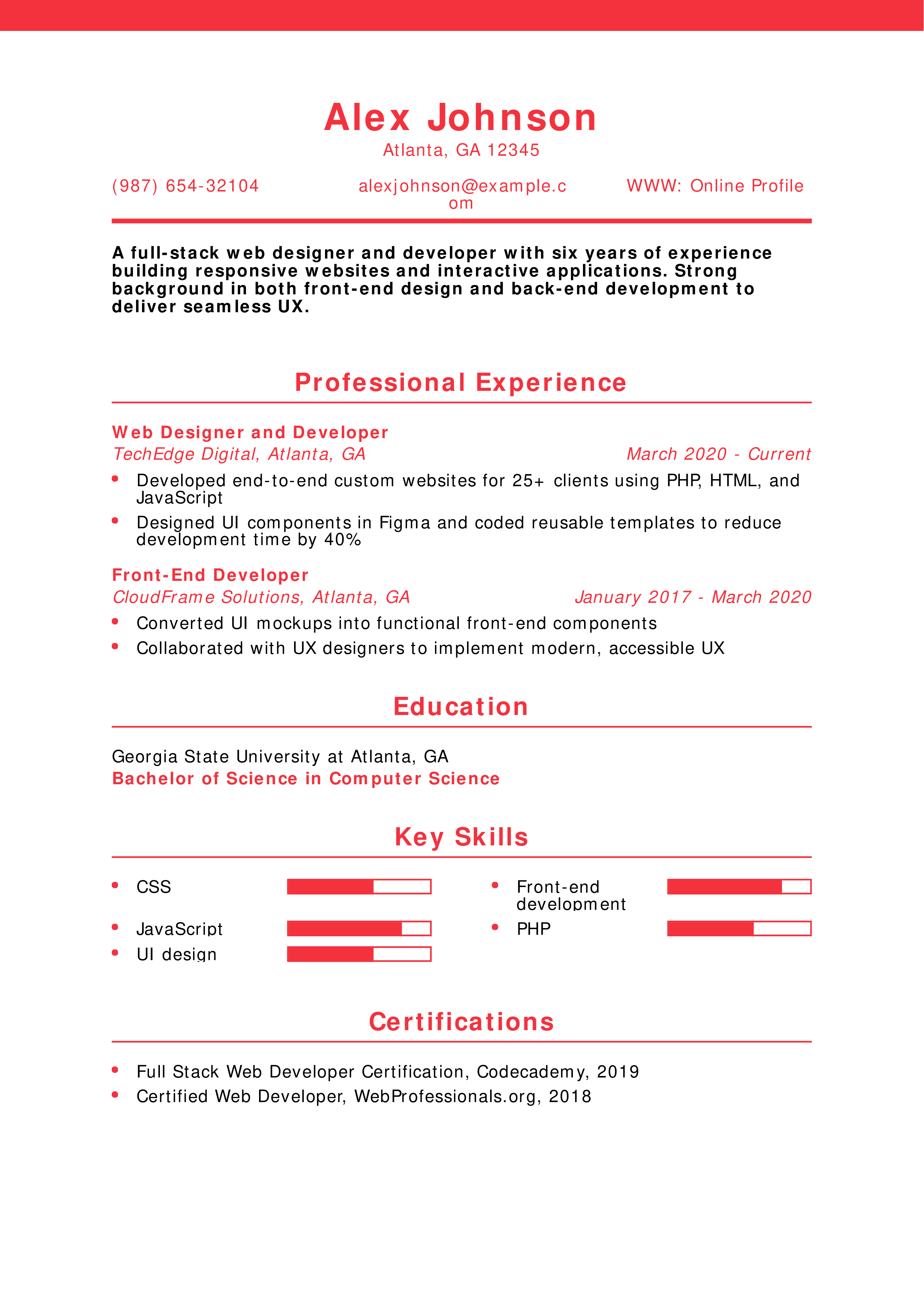 Web Designer and Developer Resume
