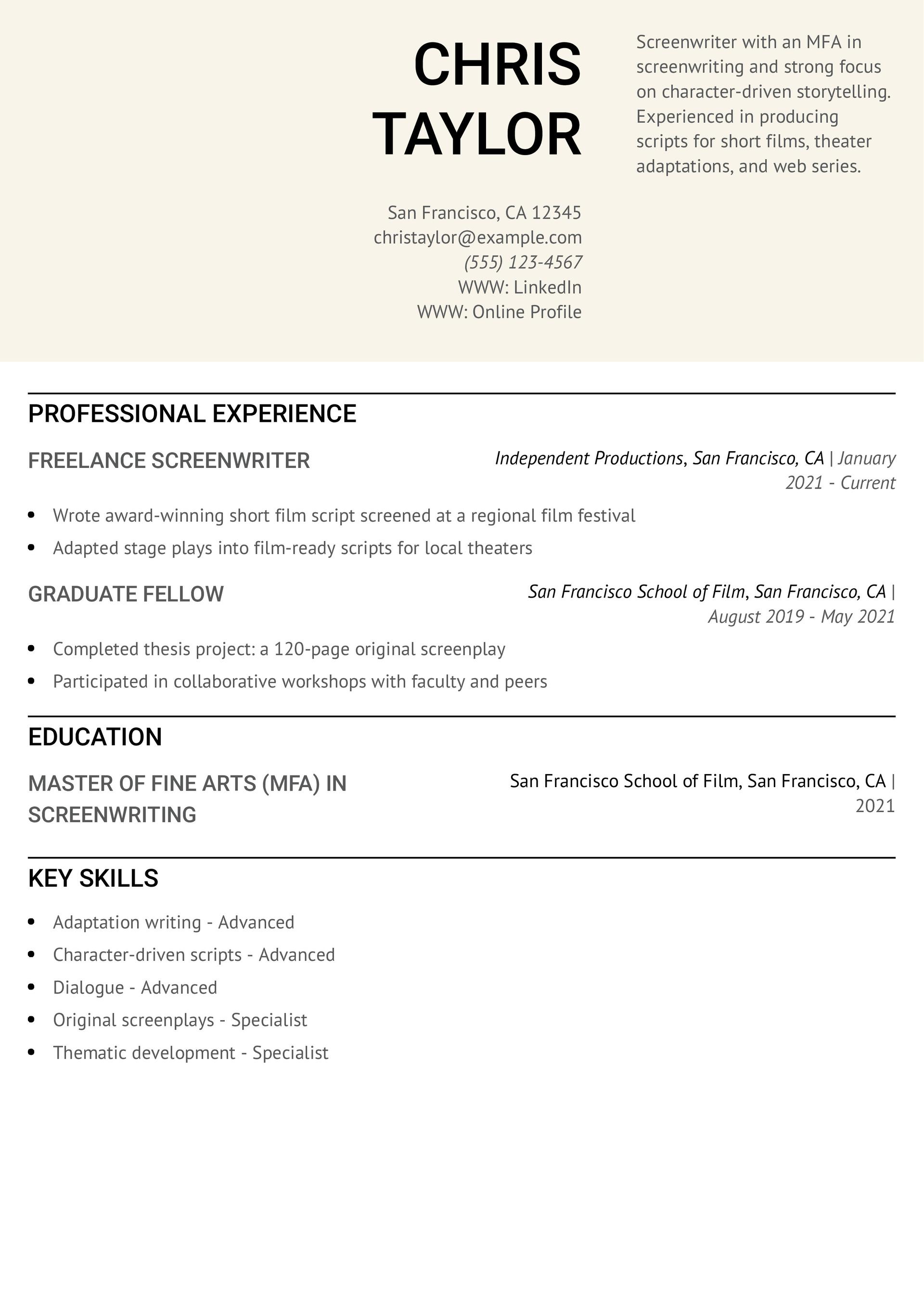 25 Best Screenwriter Resume Examples And Templates For 2026 