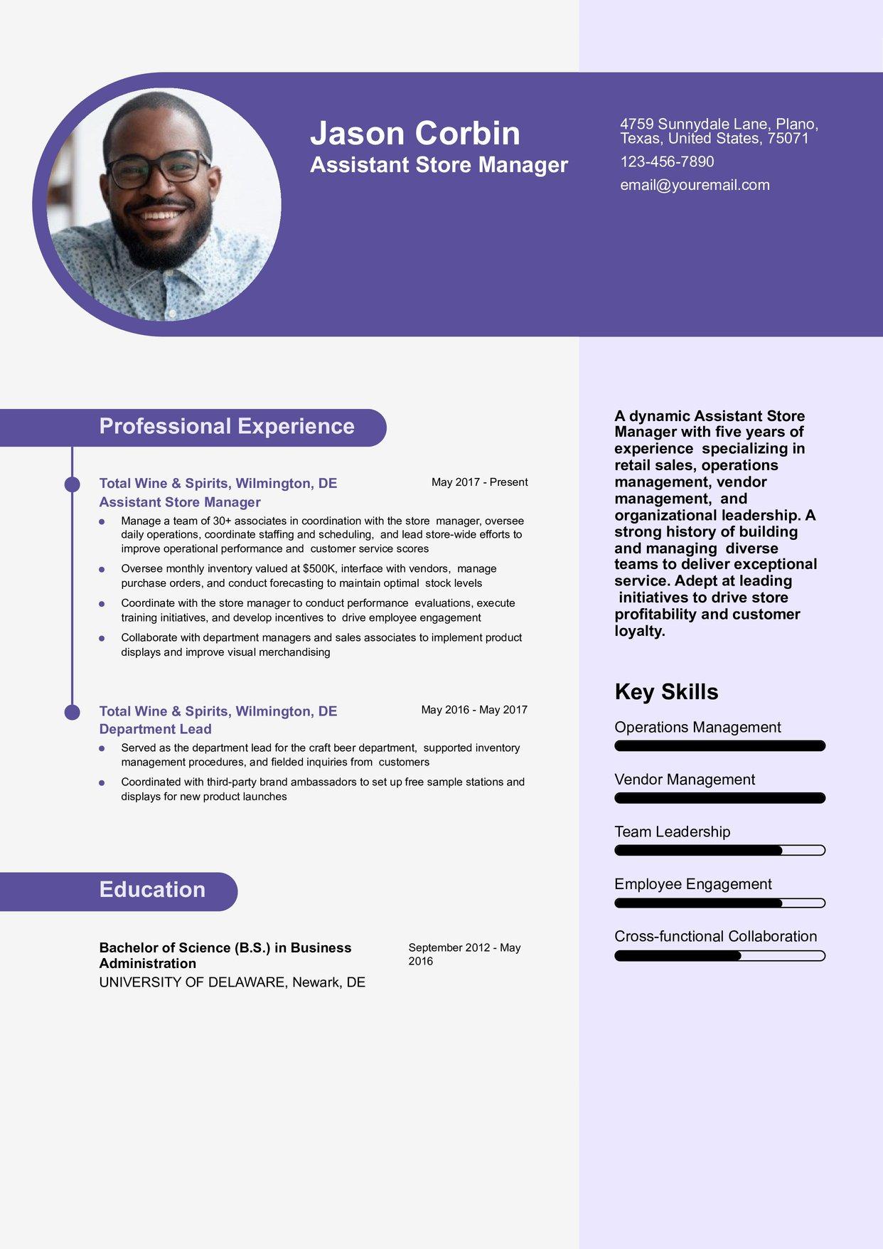 Assistant Store Manager Resume Example