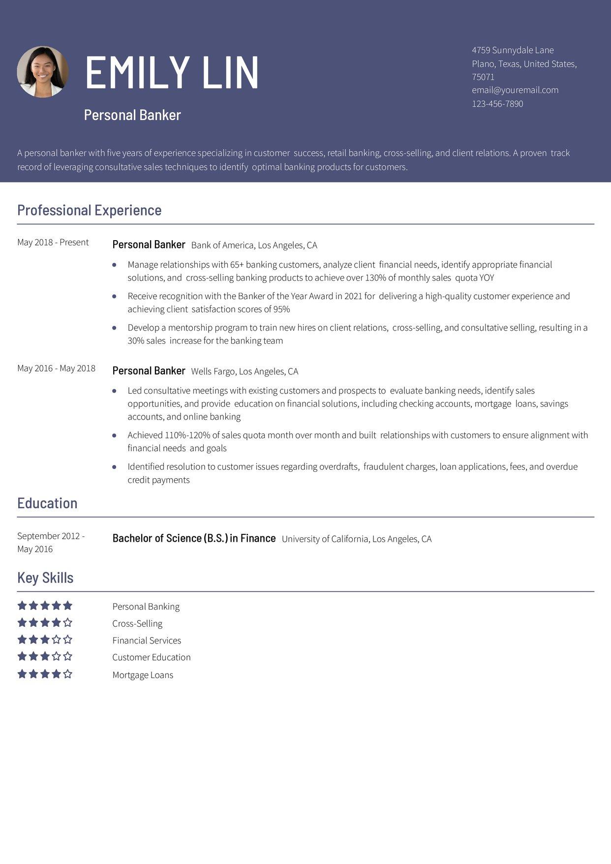 Personal Banker Resume Example