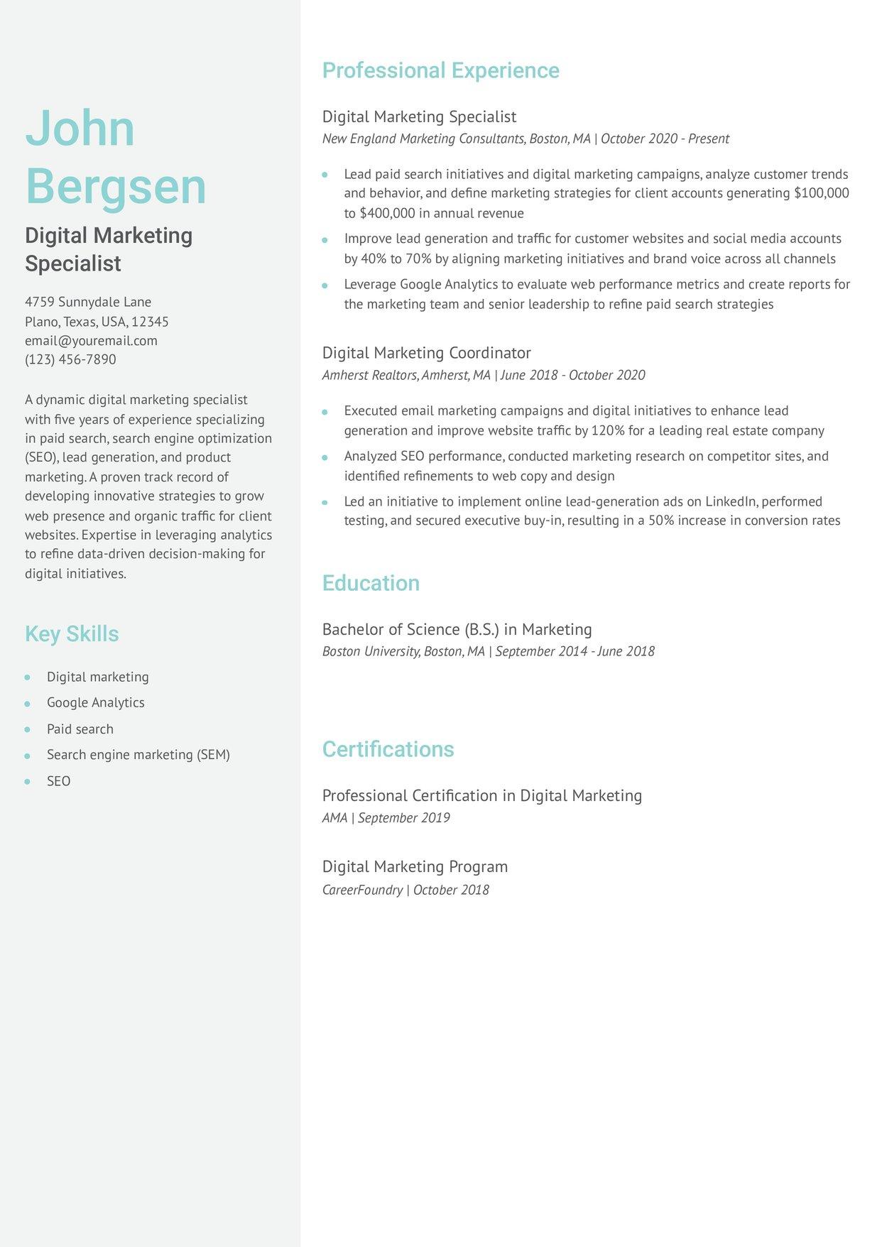 Digital Marketing Specialist Resume